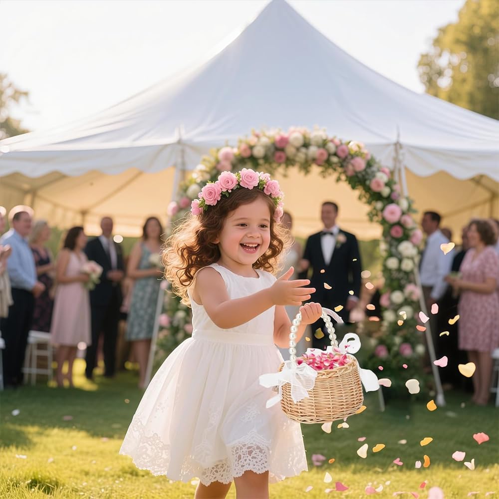 Wicker Rattan Flower Girl Basket Wedding Small with Pearl Handle and White Bow Fairy Handwoven for Home Decorations