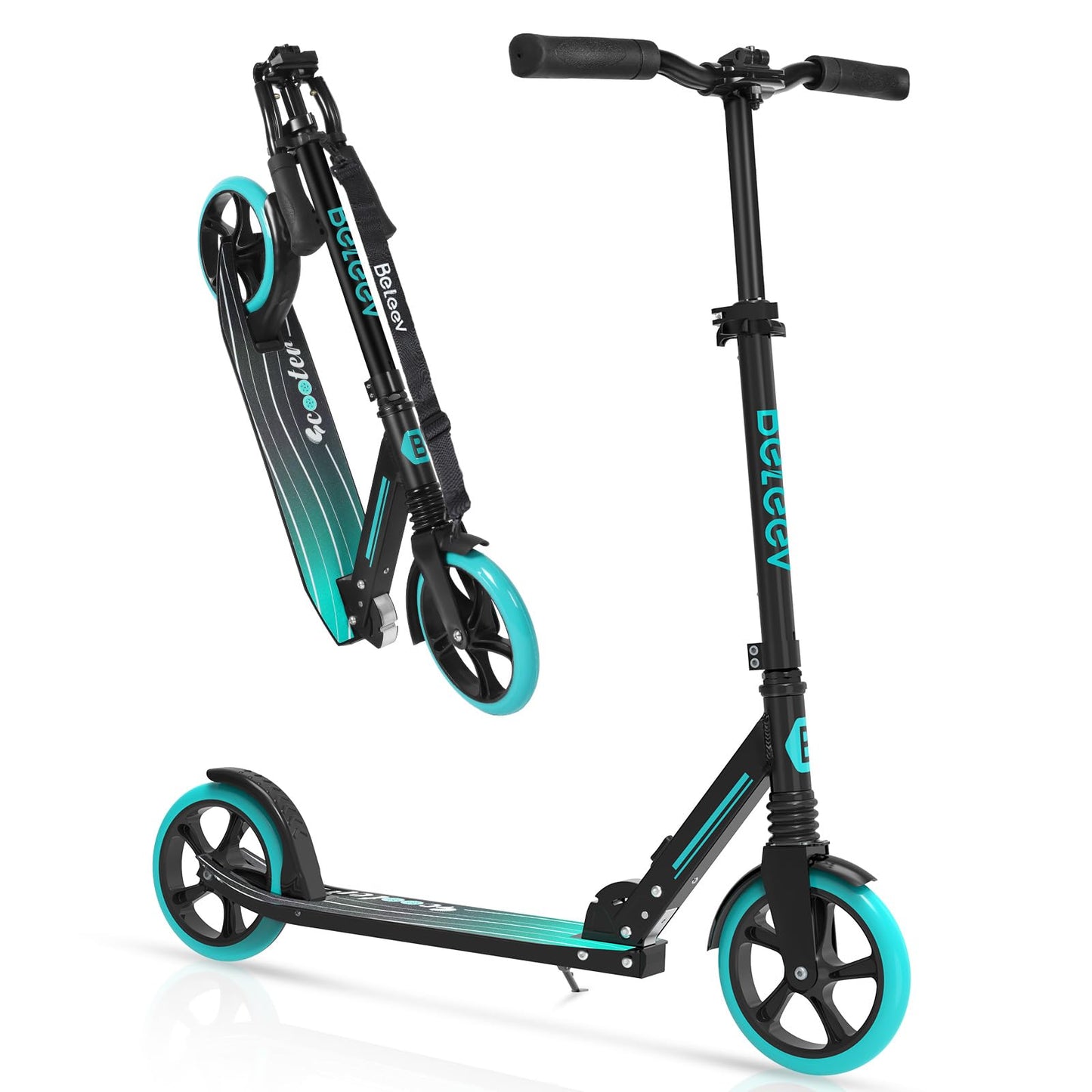 BELEEV V5 Scooters for Kids, Adults, Teens, Quick-Release Foldable System, Front Suspension System, 200mm Big Wheels Scooter with 4 Adjustable Height, Kick Scooter with Carry Strap, Teal