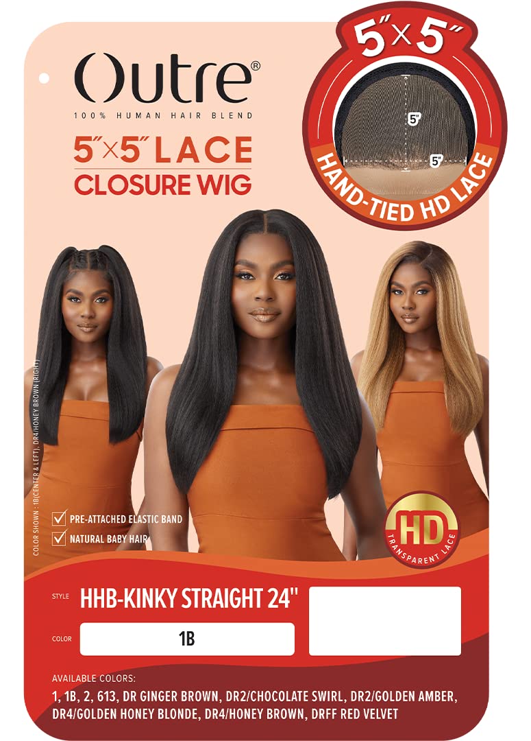 Outre Human Hair Blend 5x5 Lace Closure Wig - HHB-Kinky Straight 24" (Color:1B OFF BLACK)