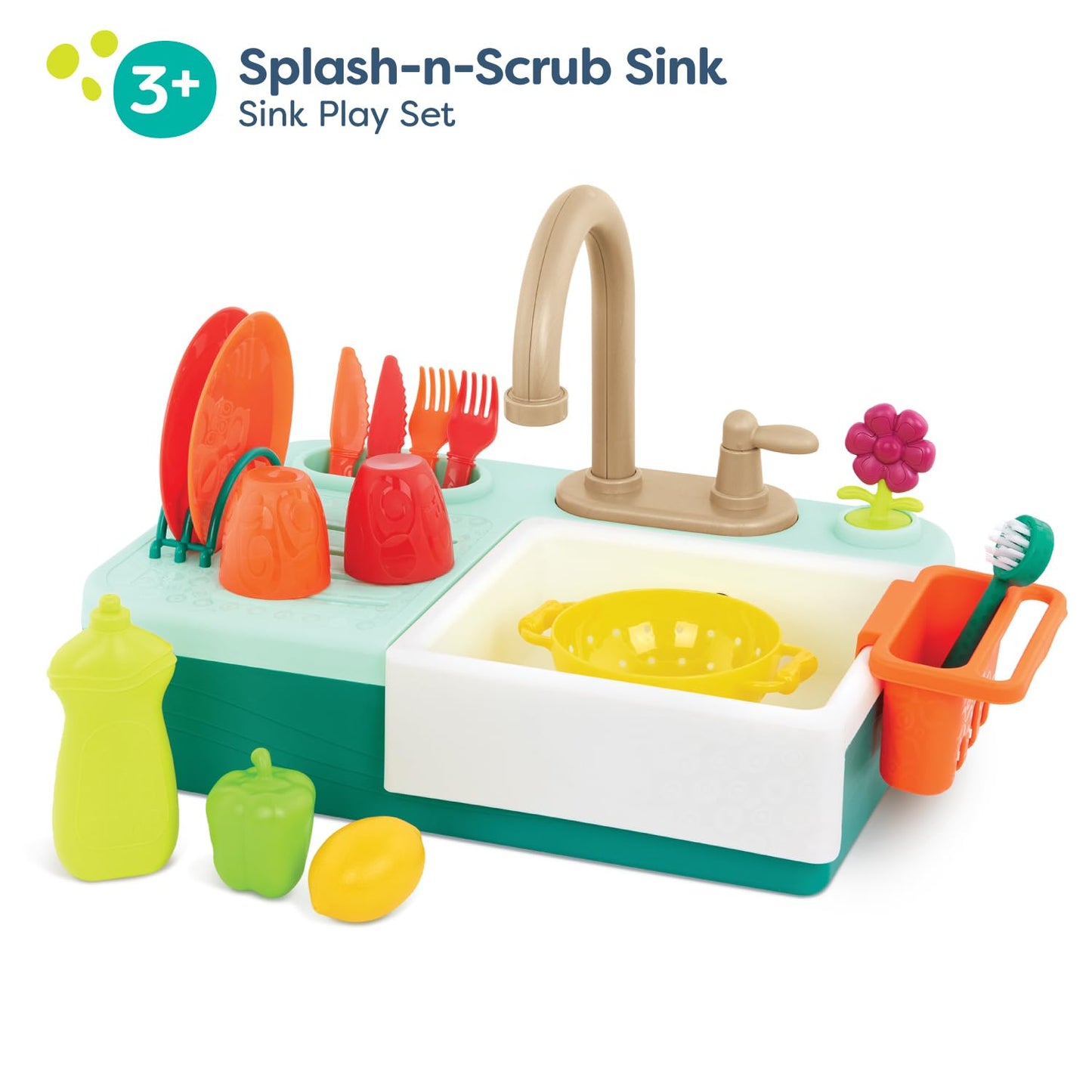 B. toys – Sink Play Set – Toy Kitchen Sink – Faucet & Running Water, Dishes, Play Food – Pretend Play Set for Kids – 3+ Years– Splash – n – Scrub Sink