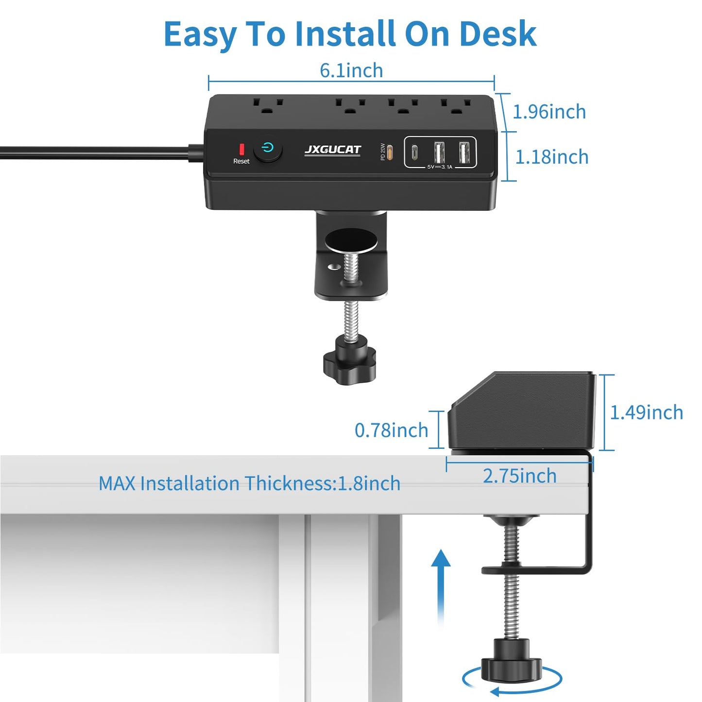Desk Clamp Power Bar 10Ft with PD 20W USB C, JXGUCAT Black Removable Fast Charging Power Bars with Surge Protector, Extension Cord Power Bar with 4 Outlets 4 USB Ports, Fit 1.8" Tabletop Edge