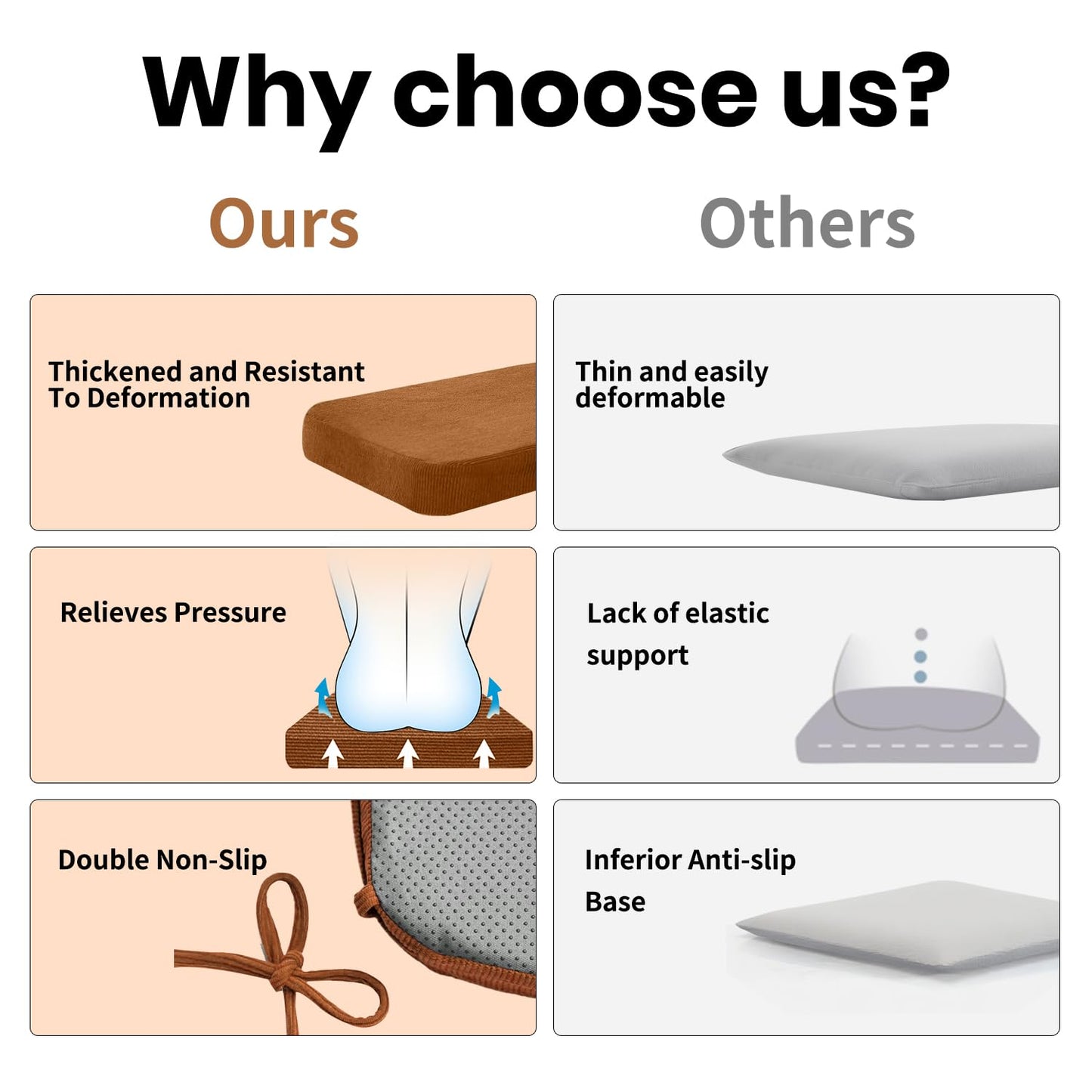 Nobildonna Dining Chair Cushions Set of 4-2" Thick High-Density Foam Chair Pads with Ties and Non-Slip Bottom, Removable Washable Cover for Dining and Kitchen, 17"x16", Orange Brown