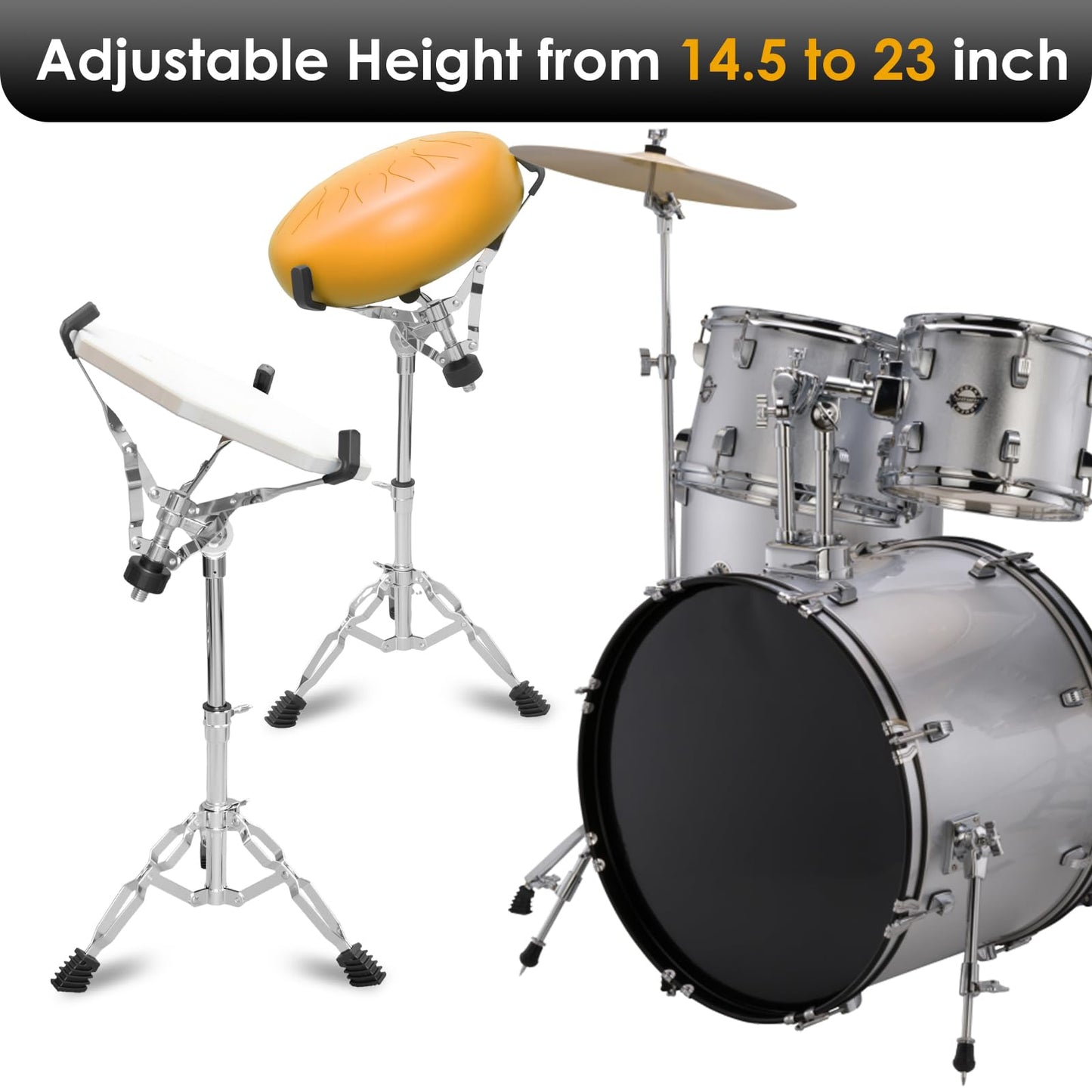 Snare drum stand, drum pad stand adjustable height 14.5 to 23 inches, accessory arm kit tripod snare drum stand suitable for 14 to 10 inch lightweight drum practice pad stand, suitable for drum