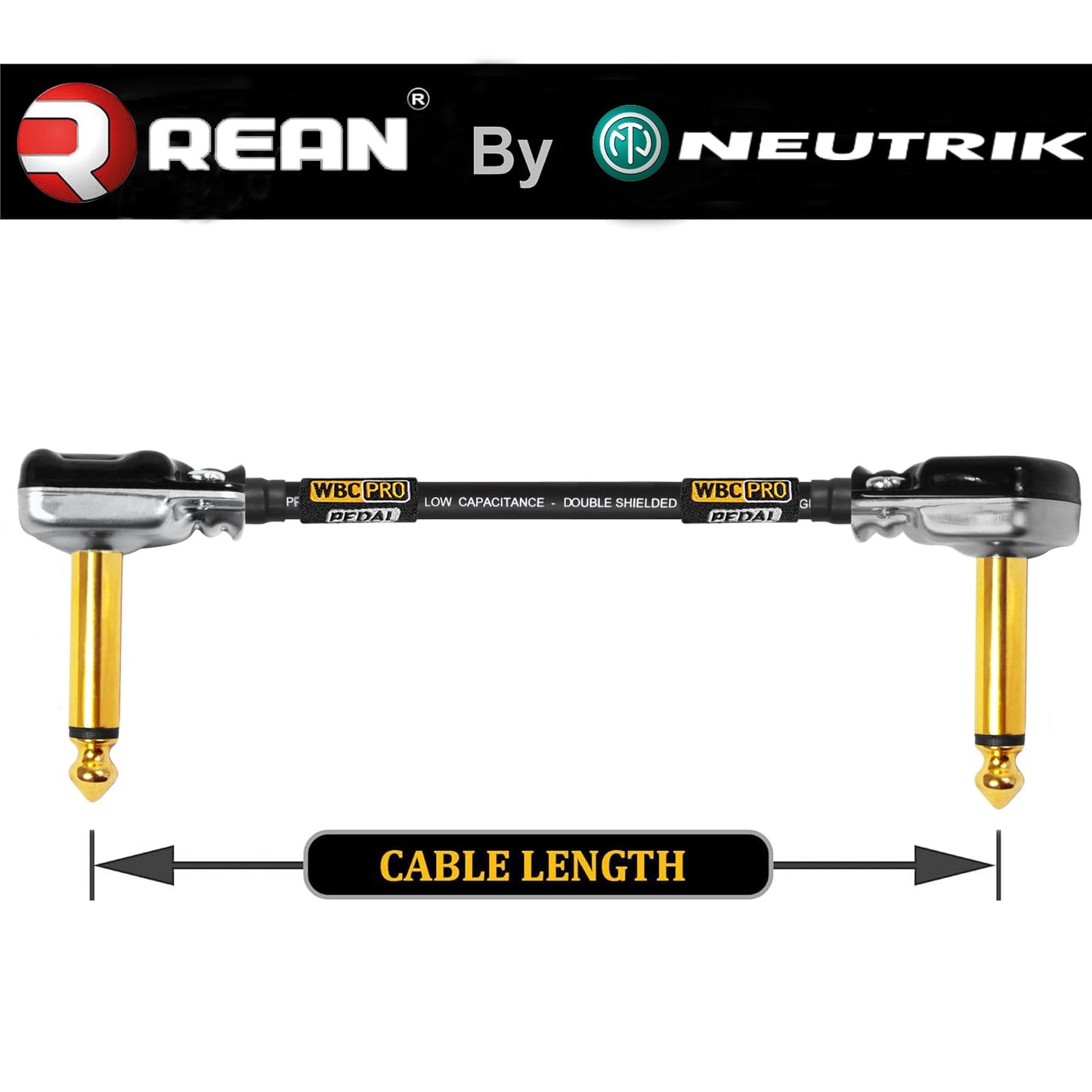 2 Units - 6 Inch - WBC-PRO-Pedal – 22 AWG - Low-Cap (18pF/ft) – Pro-Grade – Graphite-Based - Dual-Shielded Pedal, Effects, Patch, Instrument Cable with Neutrik-Rean Gold Plated Pancake TS Connectors