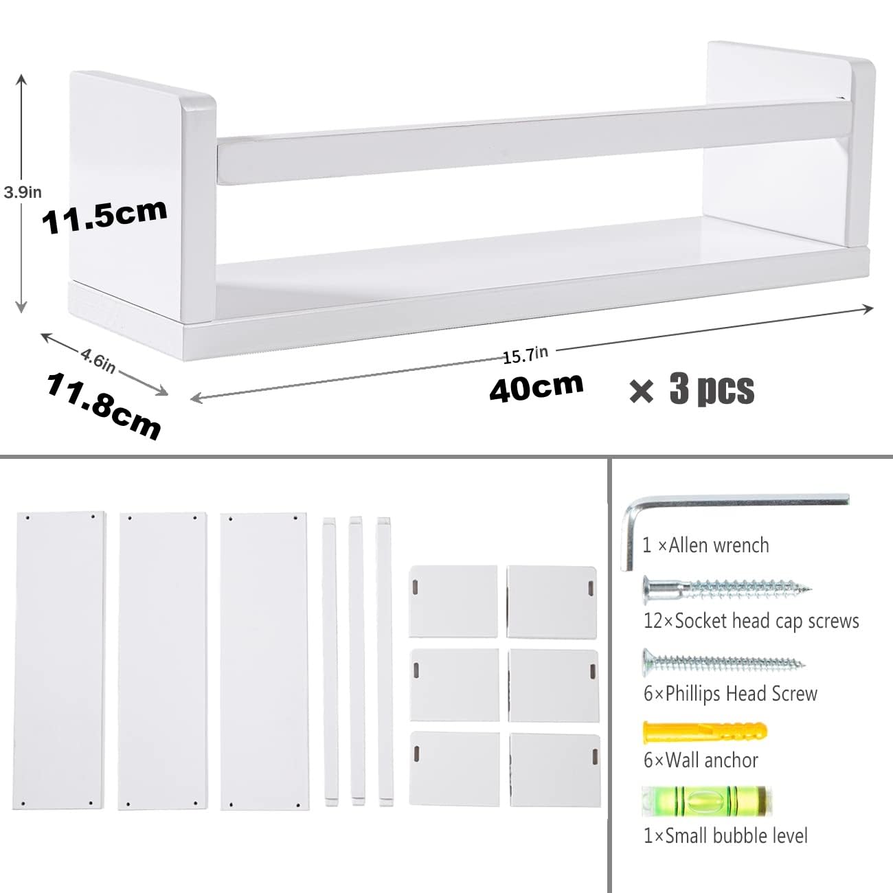 AZSKY Set of 3 Kids Floating Bookshelves White, Wall Mounted Nursery Book Shelves 15.7 Inch(40cm), Ideal Storage & Display Hanging Shelf for Nursery, Bedroom, Playroom Baby Decor, and Toy Storage