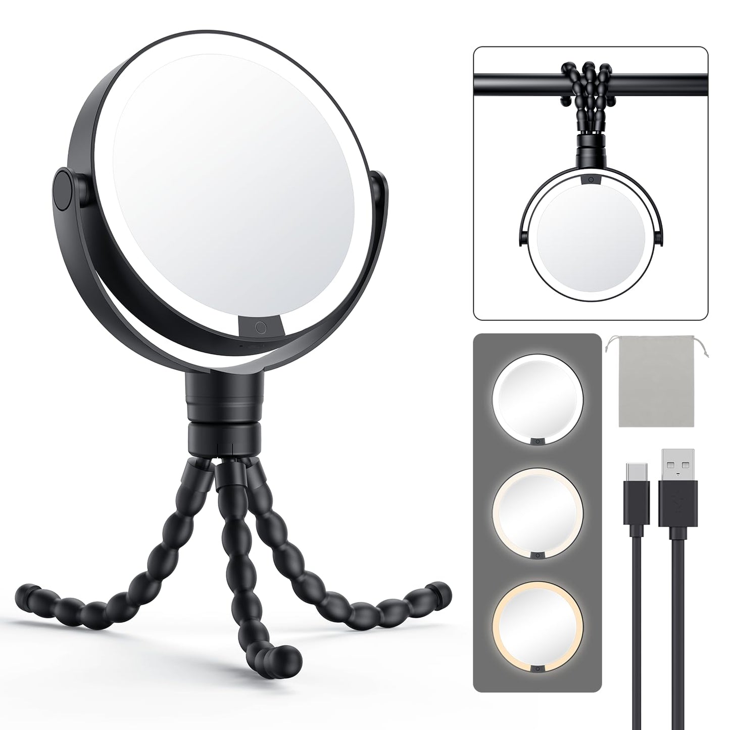 Gospire 5.85” Tripod Travel Makeup Mirror with Lights and Magnification 1X/10X, 4 in 1 Winding Hanging Handheld Tabletop, 3 Light Colors and Adjustable Brightness – Black