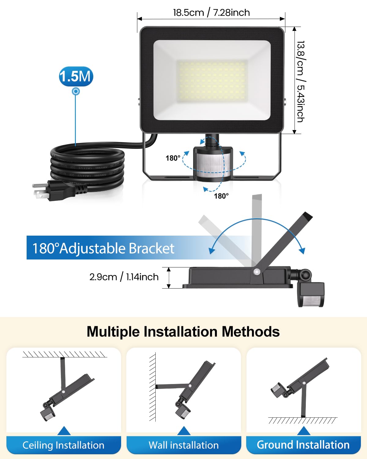MEIHUA 60W LED Security Motion Sensor Outdoor Lights, 5200LM Flood Lights Outdoor with Remote Control, 6500K Daylight White Dusk to Dawn, IP66 Waterproof Wall Light for Entryways Stairs Yard Garage