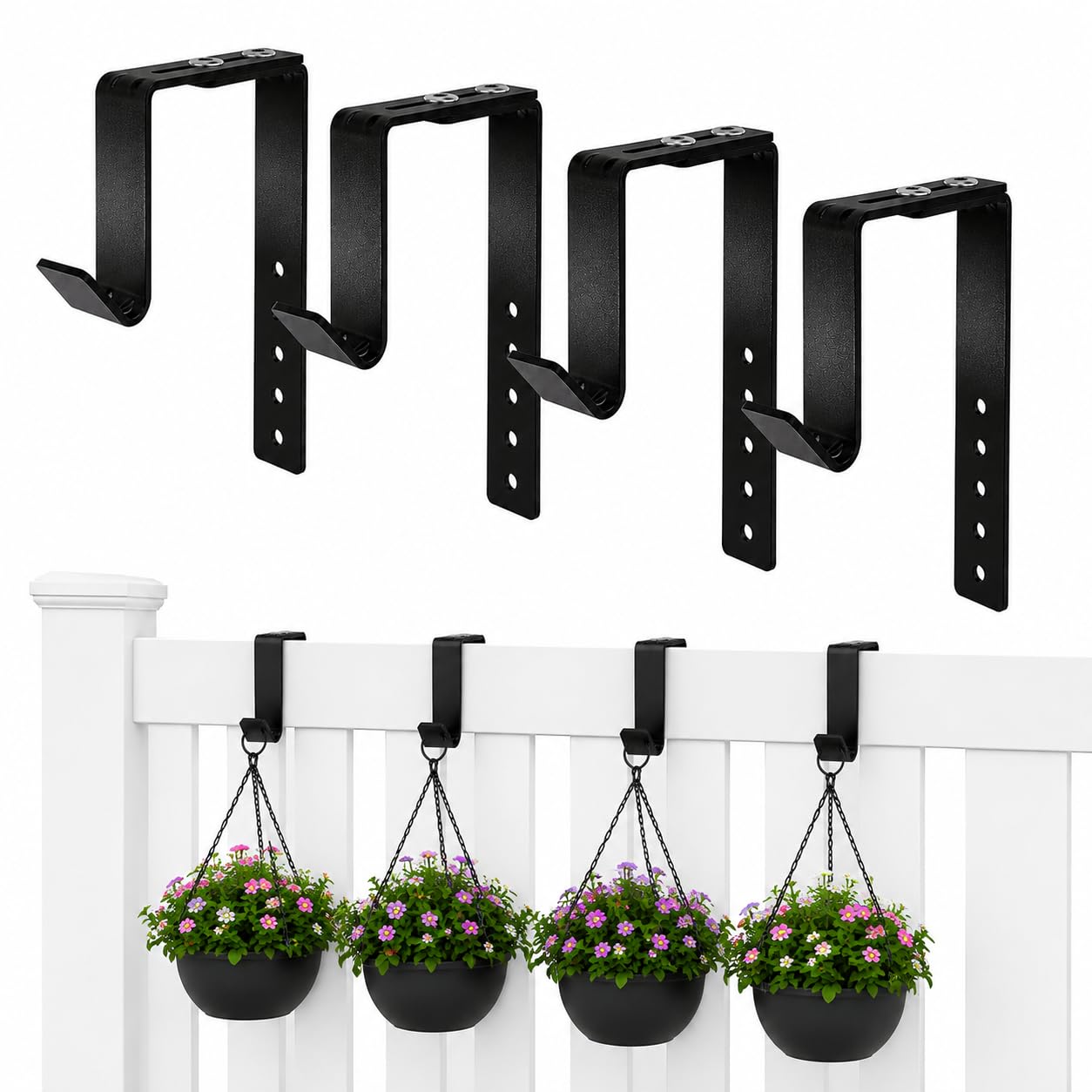 Adjustable Heavy-Duty Single Hook Bracket – Reinforced Plant Hanger for Railing, Balcony, Fence, or Cubicle – Supports Up to 40 Lbs – Metal Wall Hook for Planter, Lantern, Bag (Black 4 Pack)