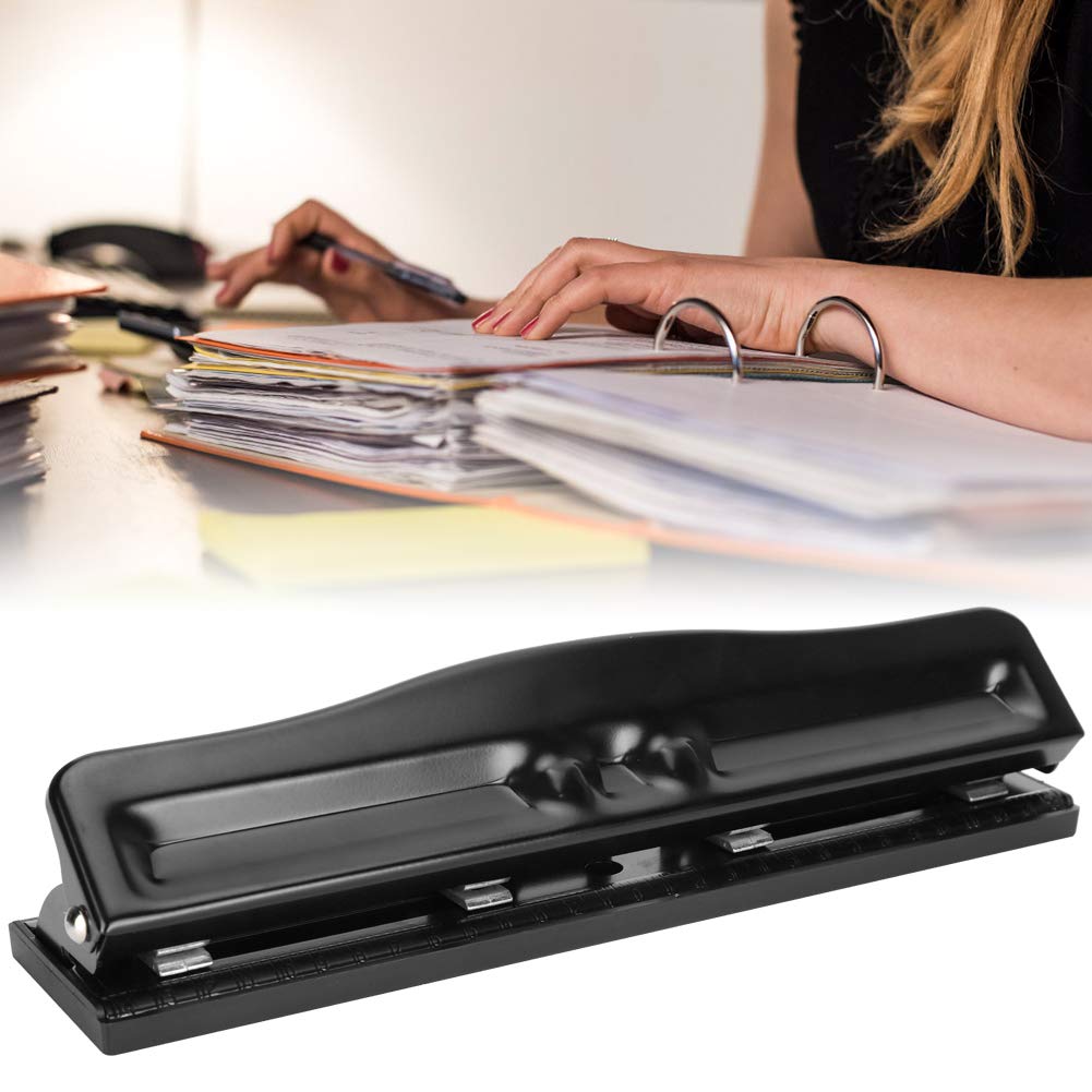 Desktop Hole Punch, 4 Hole Adjustable Paper Ring Puncher Metal A4 Refills Heavy Duty Squeeze Portable Punch 10 Sheet Capacity Low Force for Home School Office Studio Home Essential Supplies Black