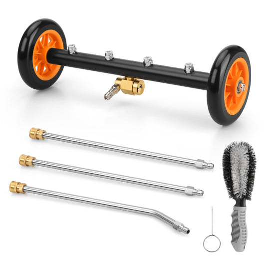 2-in-1 16' Undercarriage Pressure Washer Water Broom, 4000PSI Under Car Pressure Washer Attachment with 3 Pieces Extension Wand & Hub Brusher, Surface Cleaner (Without Bottle& Replaceable Nozzle)