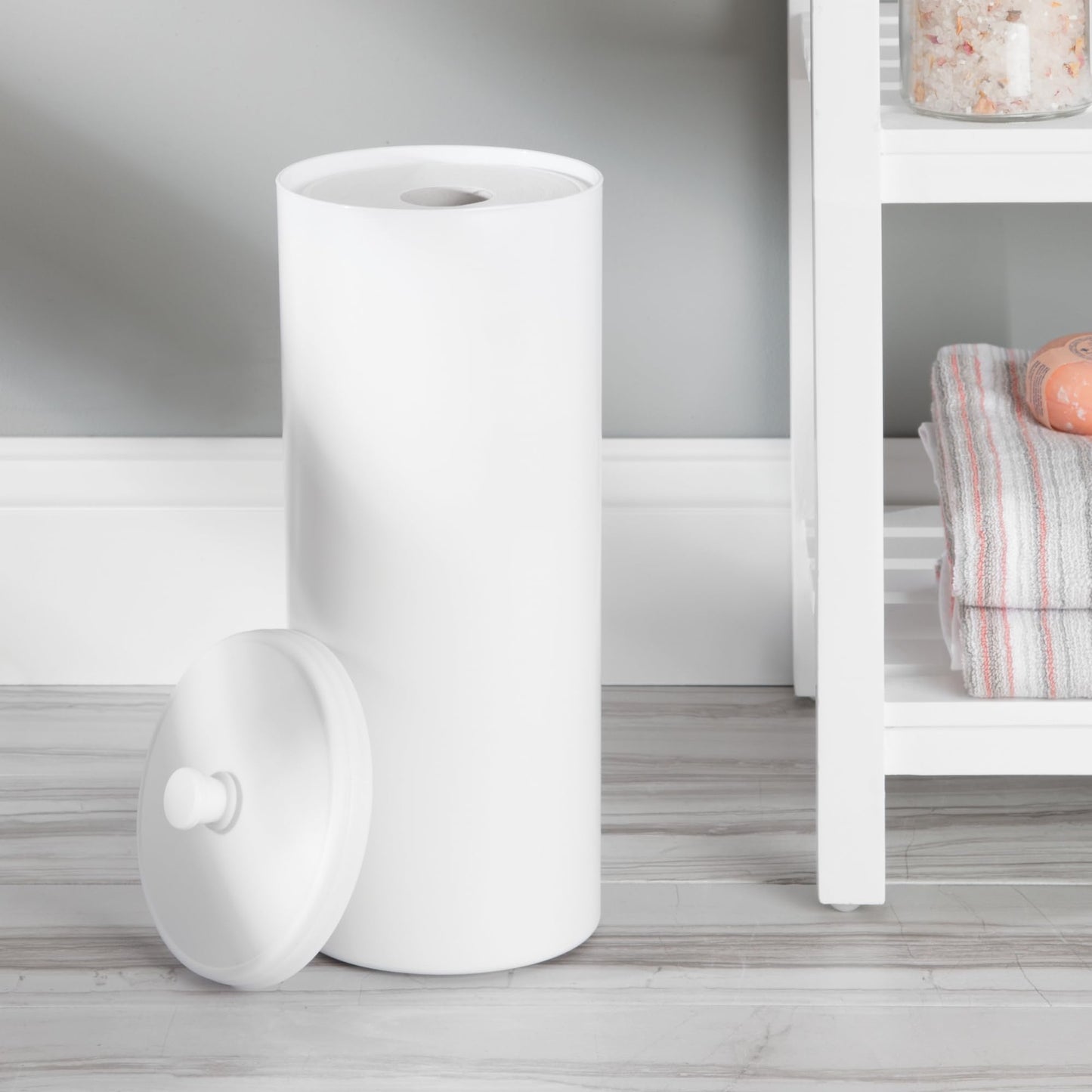 iDesign Kent Plastic Toilet Paper Tissue Roll Reserve Canister, Free-Standing Organizer for Master, Guest, Kid's, Office Bathroom or Closet, 6.25" x 6.25" x 15.5" - White