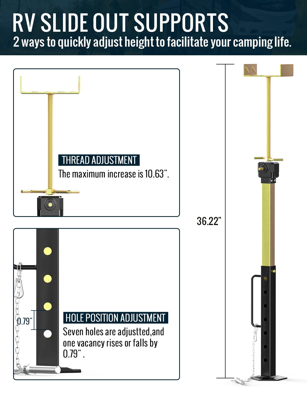 Upgraded RV Slide Out Support Stabilizer Jack, 1 Pack [Allow Drill Adjust] 16" to 36" Adjustable Slide Out Support Jack, Camper and Travel RV Stabilizer Jacks, Supports Up to 5,000 lbs