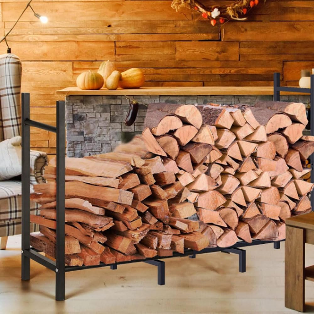 4ft Firewood Rack Fire Wood Stand Holder, Fire-Resistant Wooden Support, Outdoor And Indoor Fireplace Frame Used For Storing Wood，Black