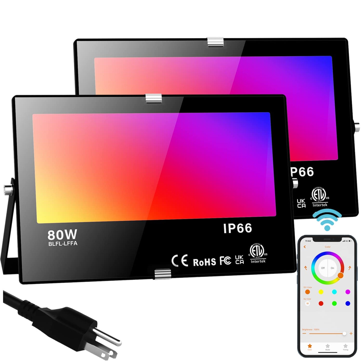 LED Flood Light Outdoor 800W Equivalent, Bluetooth Smart Color Change Landscape Lighting, DIY-Scene+RGB Colors+Warm White 2700K - APP & Group Control & Timing, IP66 Waterproof Up Light 2Pack