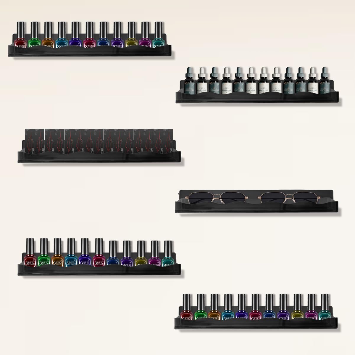 BTremary 15" Nail Polish Rack Wall Mounted Shelf Acrylic Paints Gel Polish Organizer and Storage with End Caps for Nail Techs, Art Lovers, Great Display Salons, Black