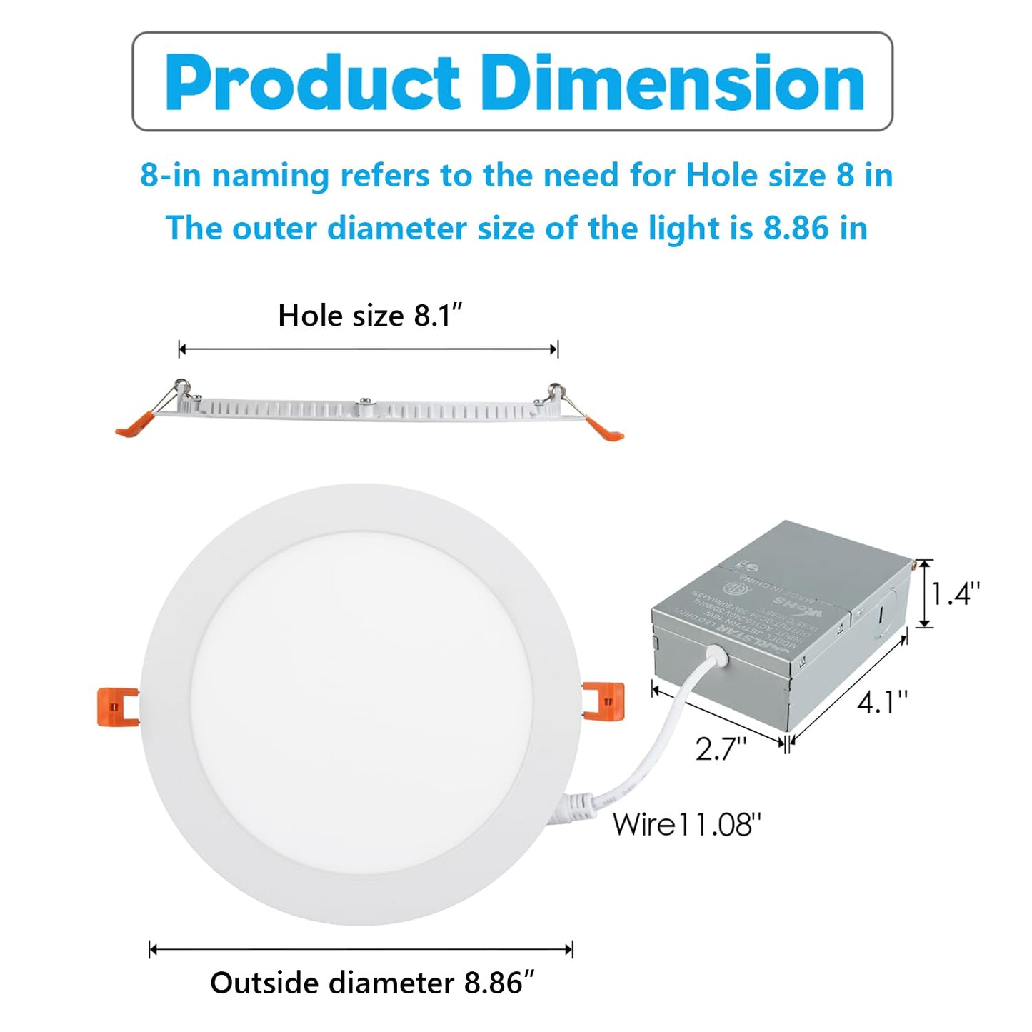 JARLSTAR 8 Inch LED Recessed Light with Junction Box, 6 Pack Ultra Thin LED Recessed Lighting.6000K Daylight,No Dimmable,18W 8" Recessed Ceiling Canless Wafer Downlight.Slim Can-Killer Lights,CRI80+