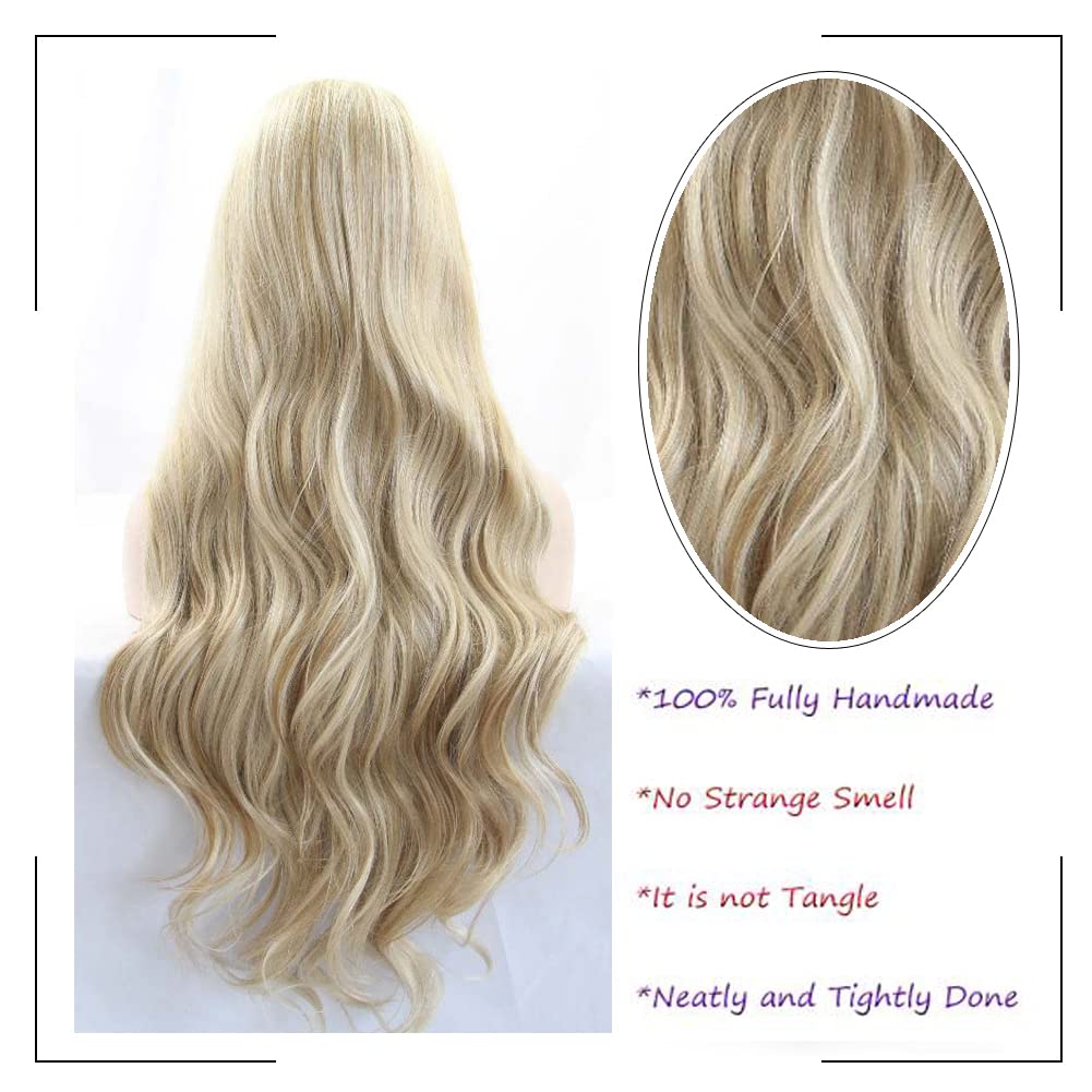 Angle Lucky Blonde Wavy Wig for Women Highlight Blonde Synthetic Lace Front Wig Long Wavy Piano Color Glueless Wig Heat Resistant Fiber Hair Replacement Wig for Drag Queen Makeup (24, Highlight Blonde)