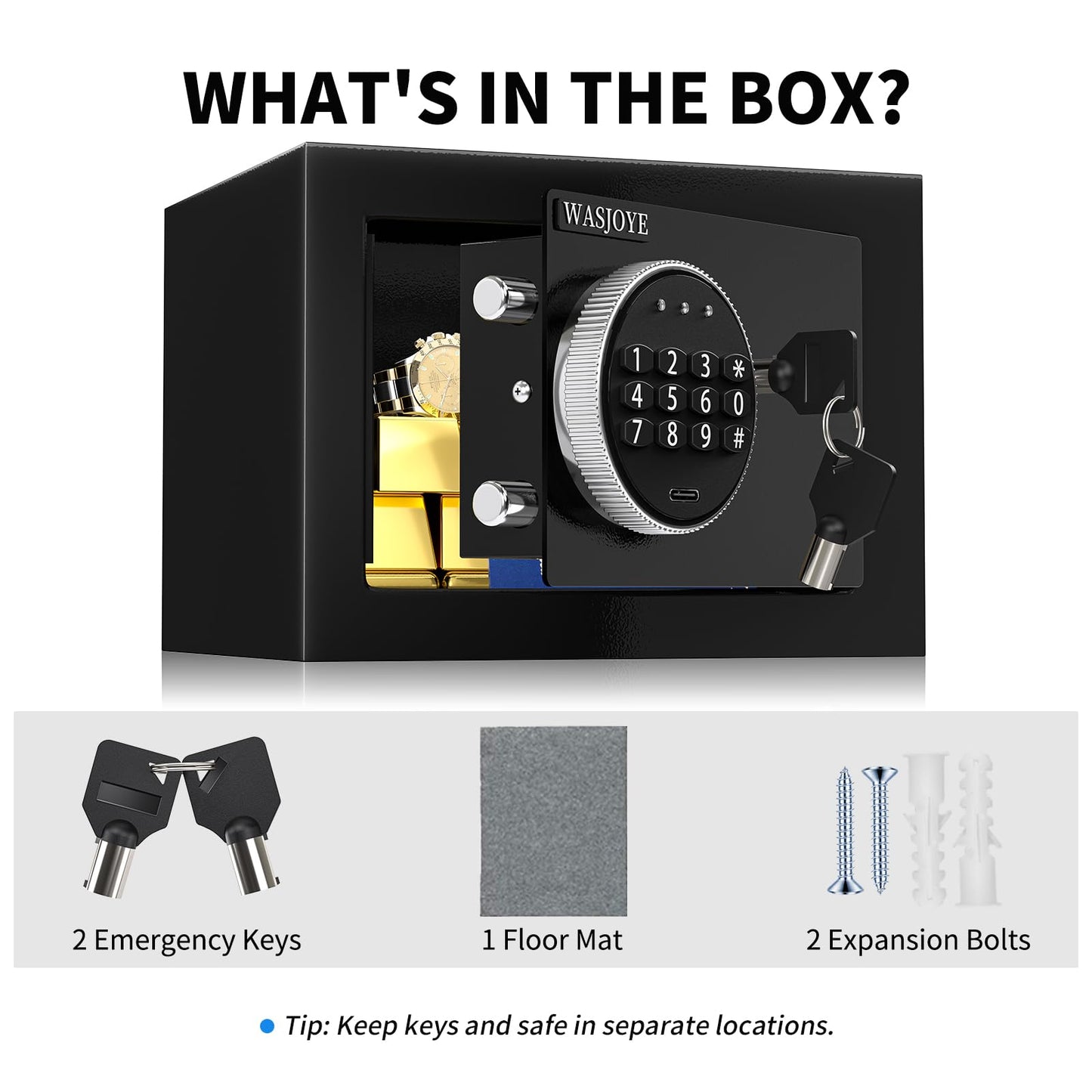 WASJOYE 0.5 Cu Ft Security Home Safe Box, Cabinet Safe Box with Digital Keypad Safety Key Lock - Small Safe for Home Business Office Hotel Money Document Jewelry Passport Storage