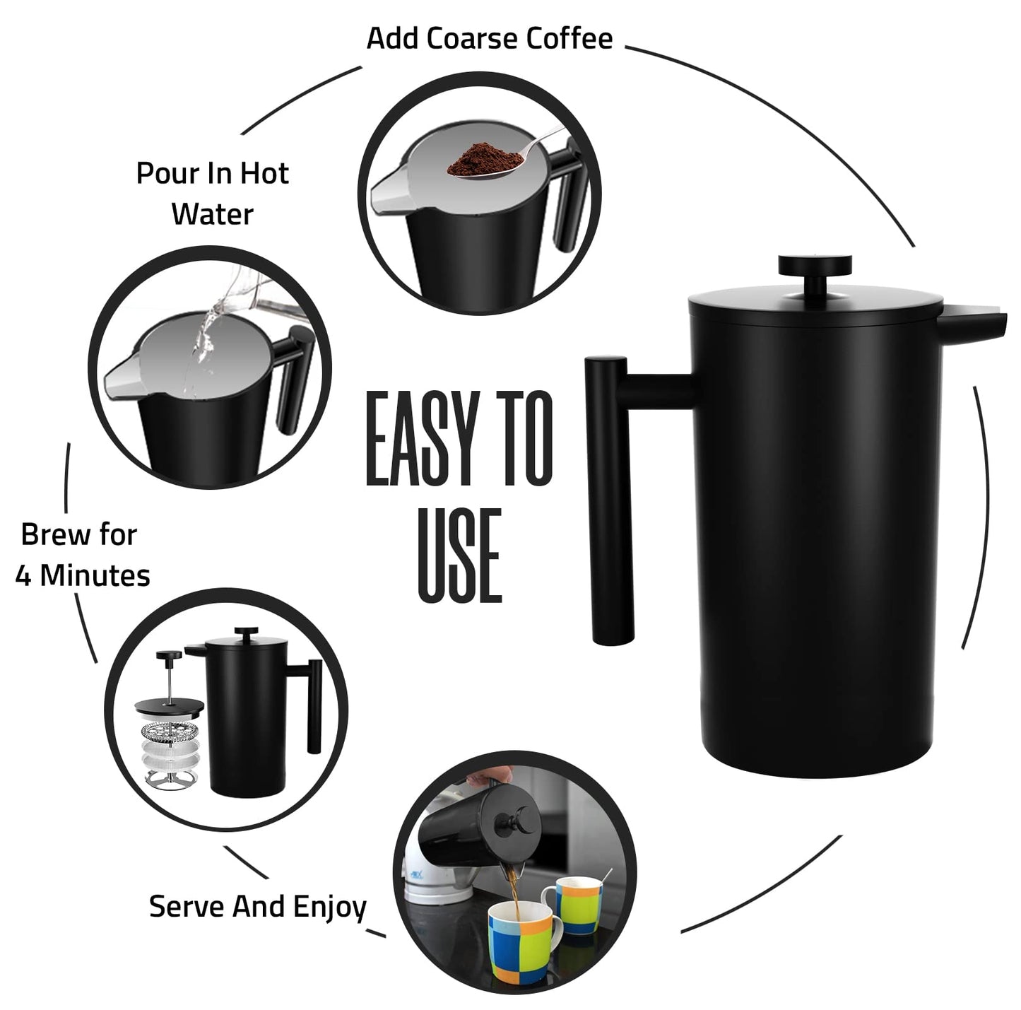 KICHLY - 50 OZ French Press, Stainless Steel Double Walled Insulated Coffee Press with Refined Filters, Espresso and Tea Maker - Black
