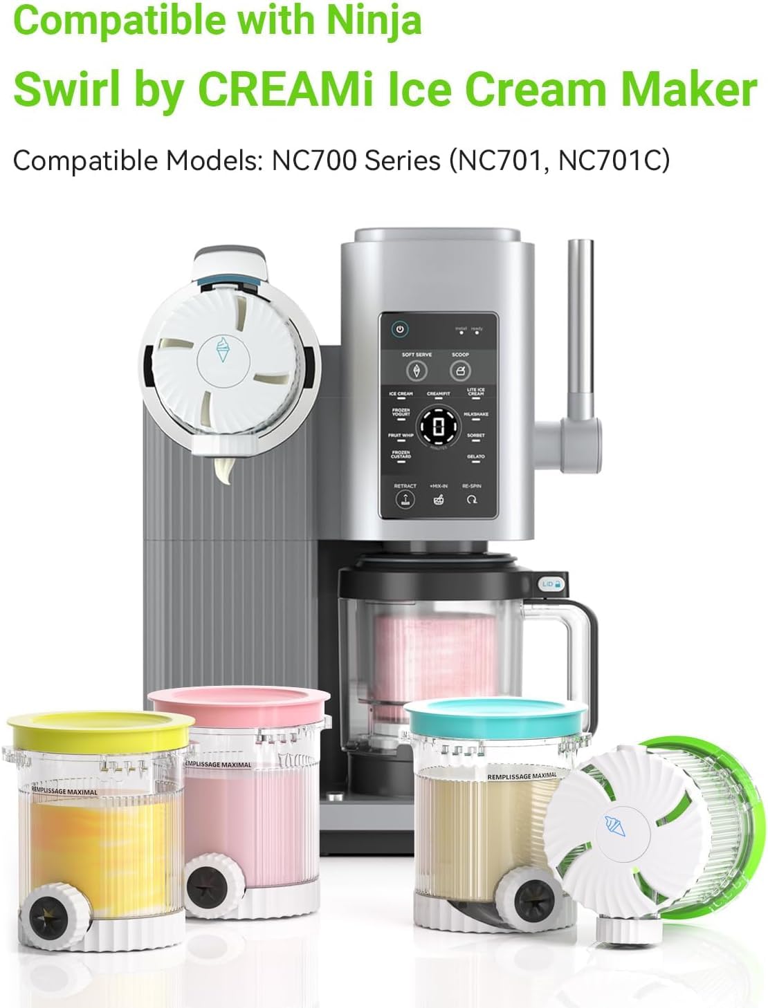 4 Pack for Ninja Creami Swirl Pints and Lids Compatible with Ninja NC700 Series, NC701, NC701C, Creami Containers for Swirl Ice Cream & Soft Serve Makers, BPA-Free, Dishwasher Safe