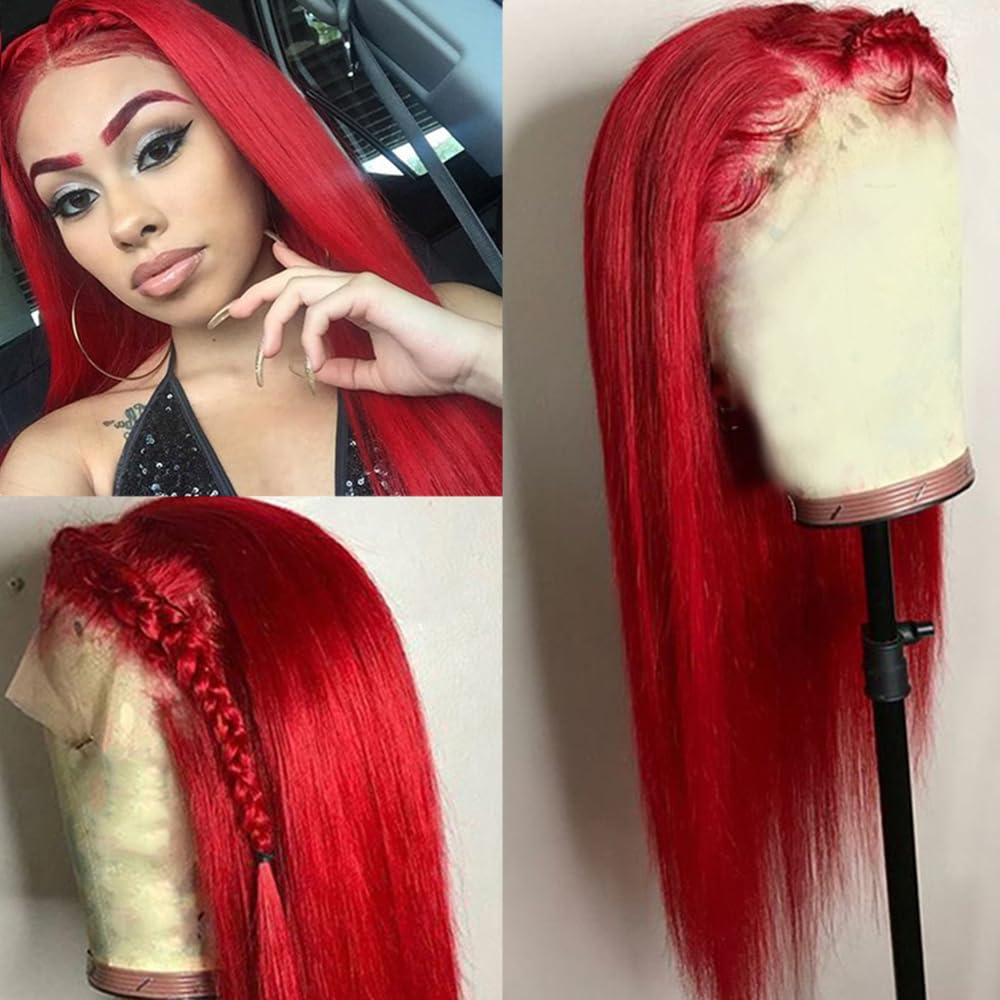 Maycaur Red Wigs for Women Black Long Straight Synthetic Lace Front Wigs Pre Plucked Hairline Glueless HeatResistant Long Wigs Free Part Hair Replacement Wig for Daily Use 26 Inch