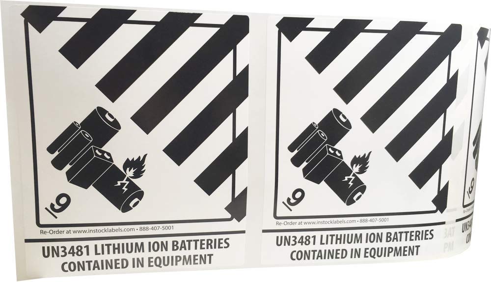 Hazard Class 9 D.O.T. UN3481 Lithium Ion Batteries Contained in Equipment Labels, 4 x 4 3/4 Inch Square Black and White Hazmat Stickers, 500 Adhesive Labels – Made in the USA