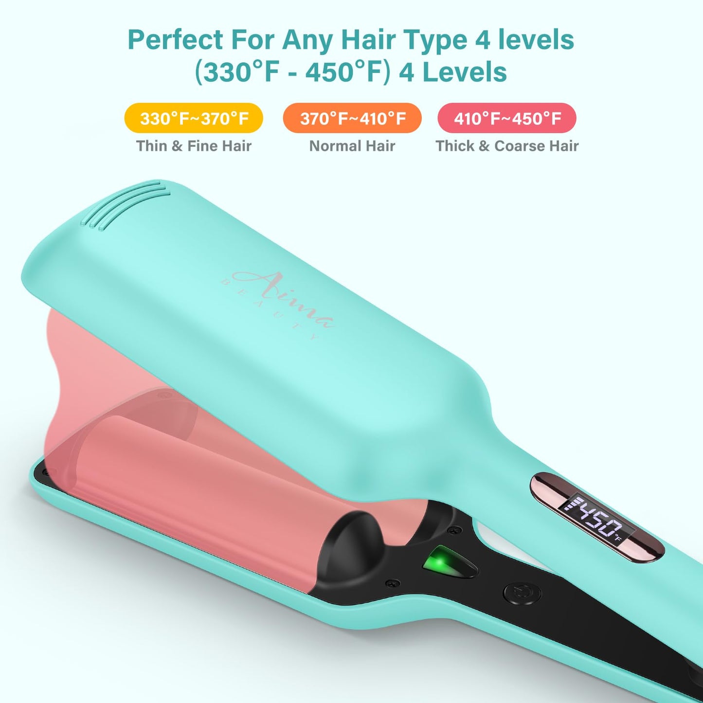 32mm (1.25") Aima Beauty Twins Mermaid Waves Hair Waver, Anti-Scald 2 Barrel Curling Iron, Hair Crimper, Ionic Care Wave Iron 15S Heats Up for Short/Medium/Long Hair Light Green