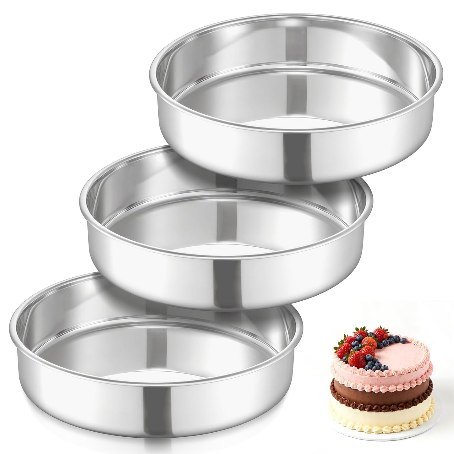9 Inch Cake Pan Set of 3, E-far Stainless Steel Round Cake Baking Pans, Non-Toxic & Healthy, Mirror Finish & Dishwasher Safe