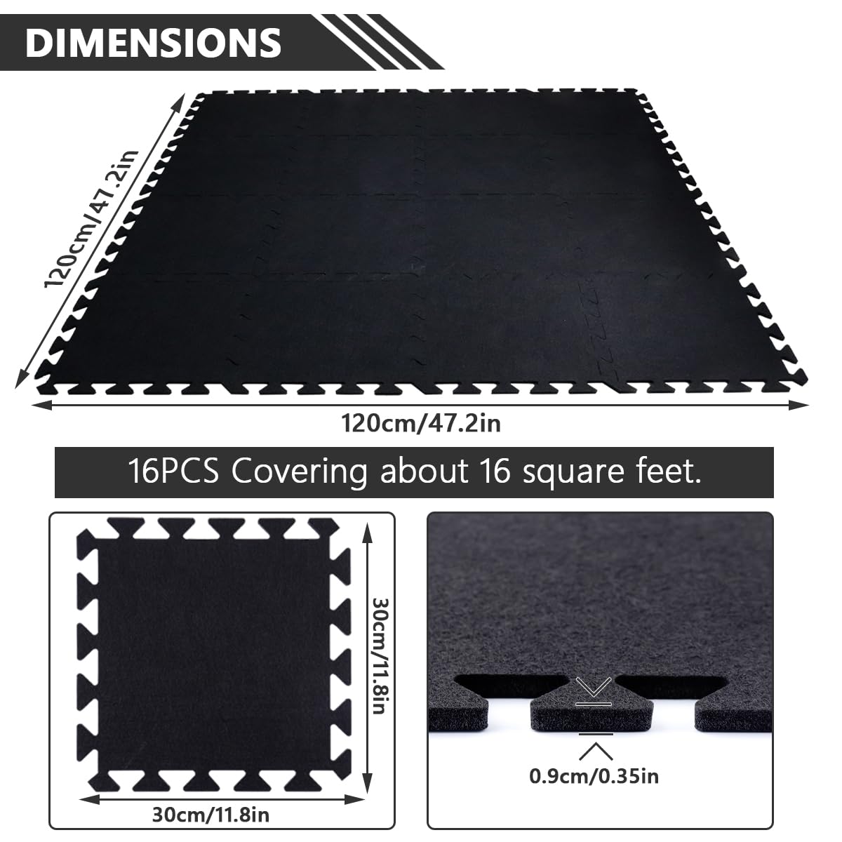 16 Pcs Thick Sound Absorbing Interlocking Floor Mats, 11.8 x 11.8 x 0.4 inches High Density Piano Carpet Drum Rug, Non-Slip Anti Vibration Soundproof Pads Acoustic Blankets for Music Studio, Black