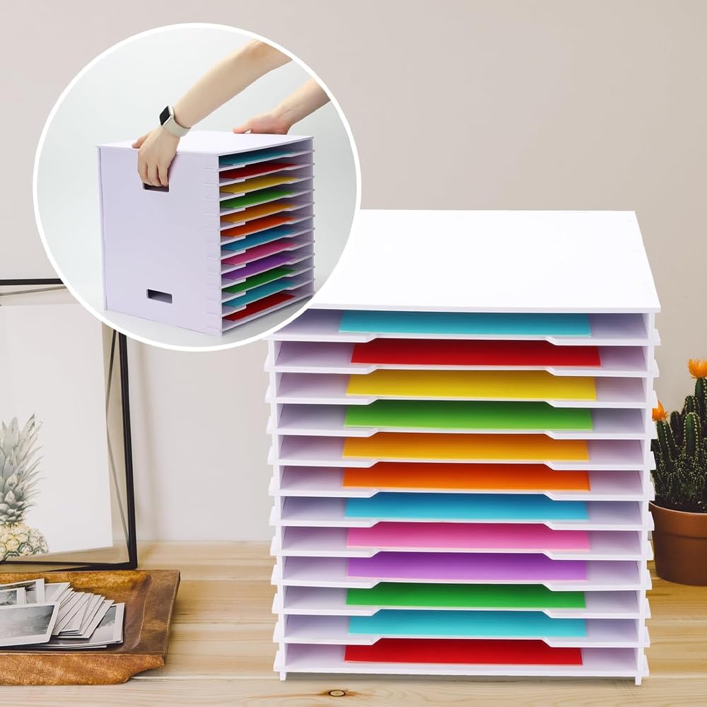 12x12 Scrapbook Paper Organizer Storage,12 Tier Desk File Organizer with Adjustable Shelves,12x12 Stackable Scrapbook Paper Storage Cube Letter Mail Tray for Home Office Classroom