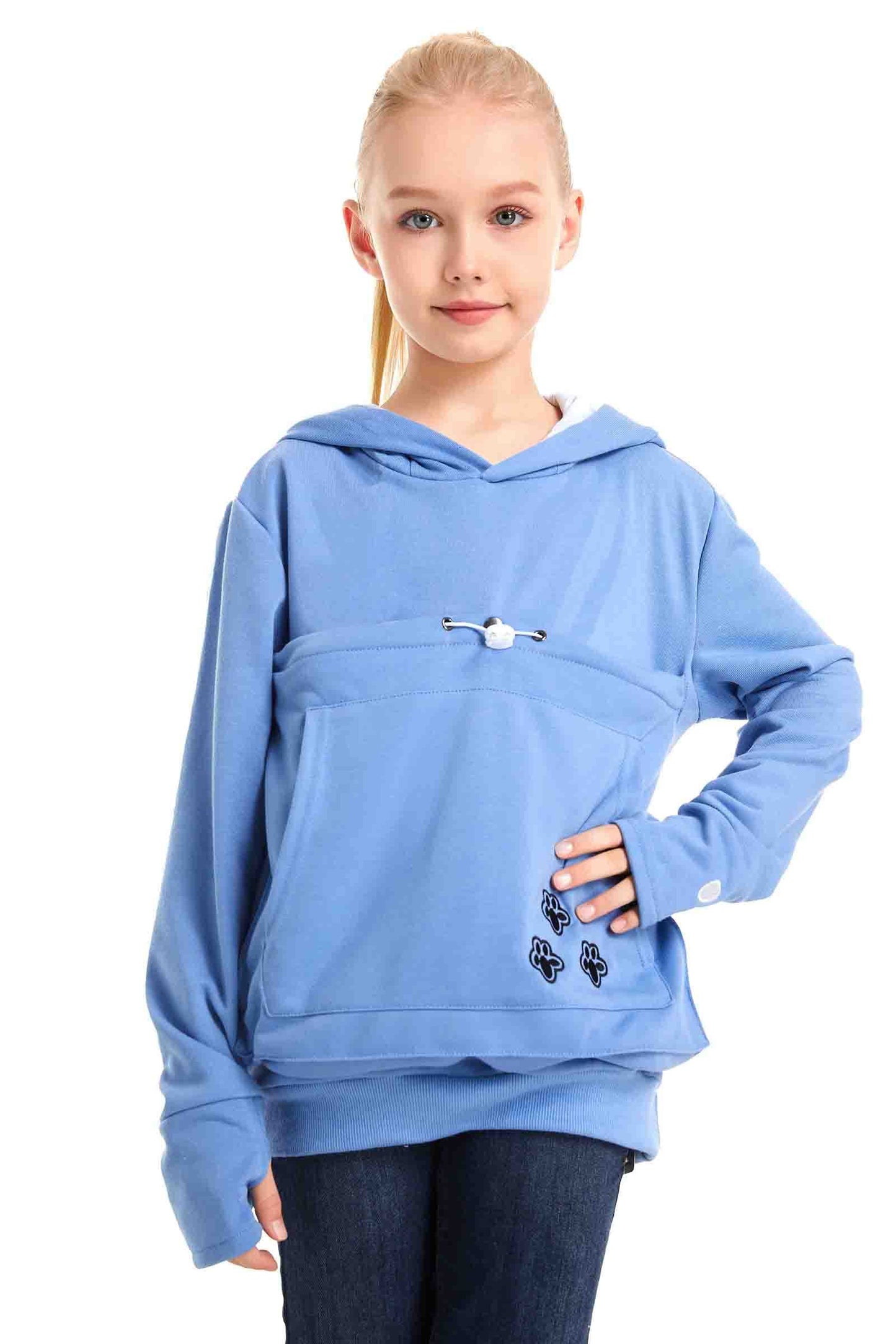 LINYUCHEN Boys Girls Cat Pouch Hoodie - Kitten Puppy Carrier Holder Sweatshirt Long Sleeve Cat Ear Pullover Tops, Blue, 10-11 Years
