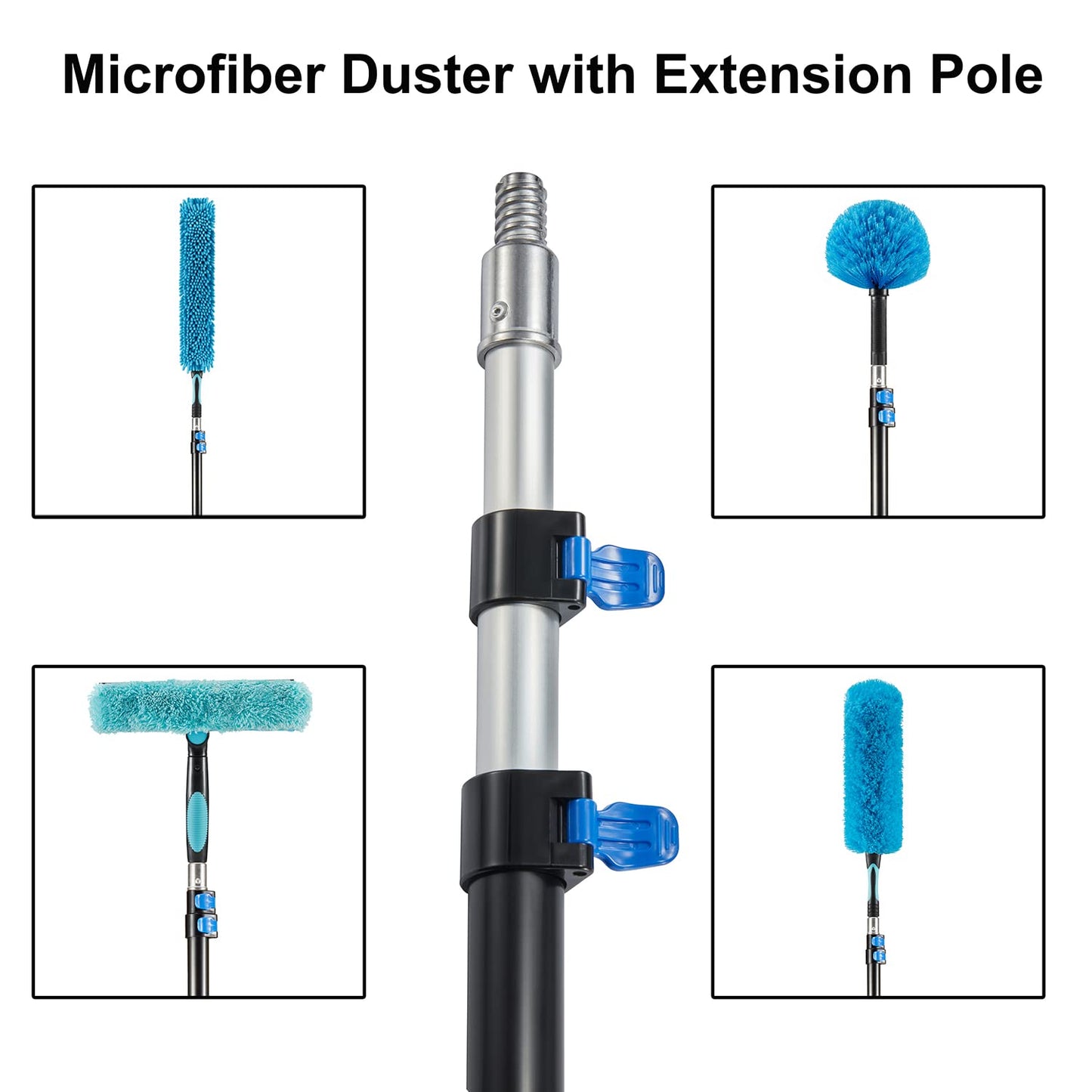 Hicavar 30 Foot High Ceiling Fan Duster with 6-18 Foot Extension Pole, Extendable Reusable Cobweb, Feather, Window Cleaning Squeegee Kit