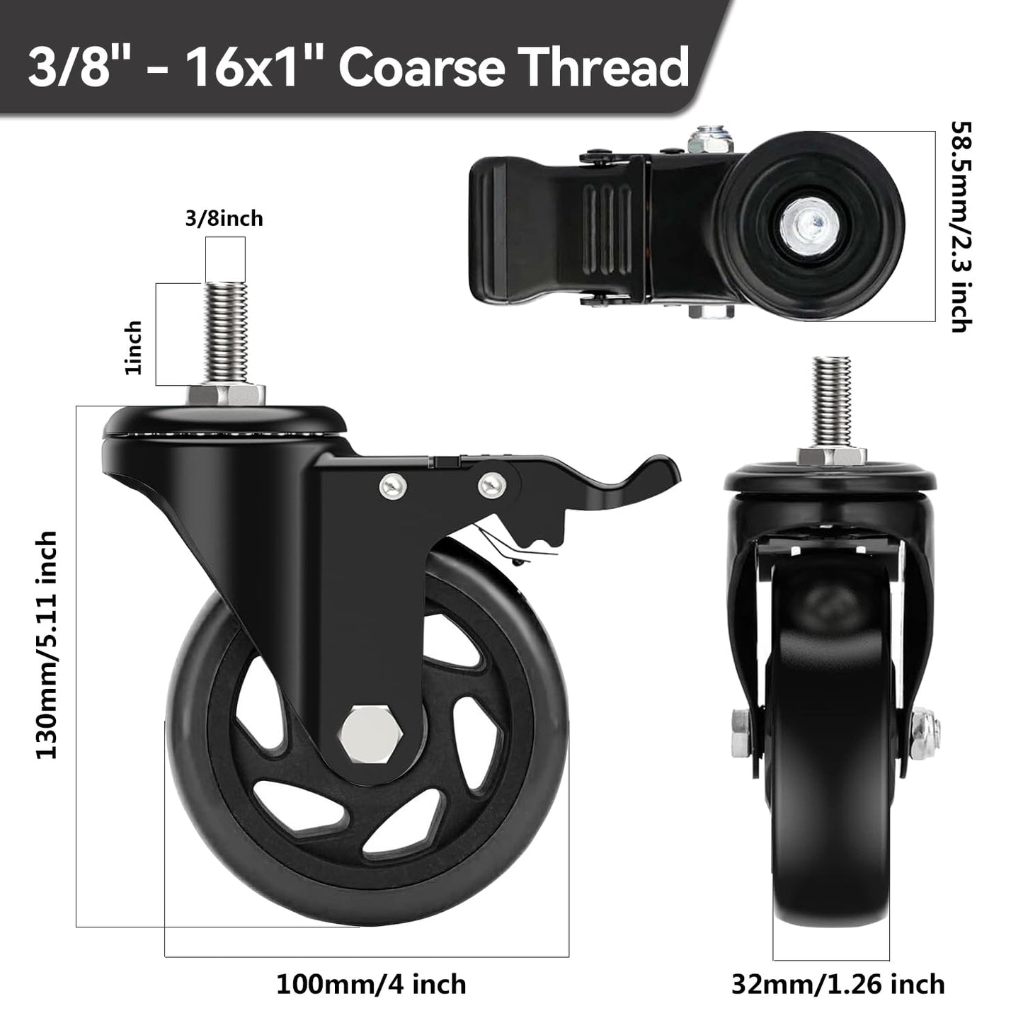 BZOLIHEU Caster Wheels 4 Inch, Swivel Threaded Stem Casters Set of 4 Heavy Duty 2000lbs, 3/8" -16 x 1 (Stem Diameter 3/8", Stem Length 1") Locking Casters Wheels Black