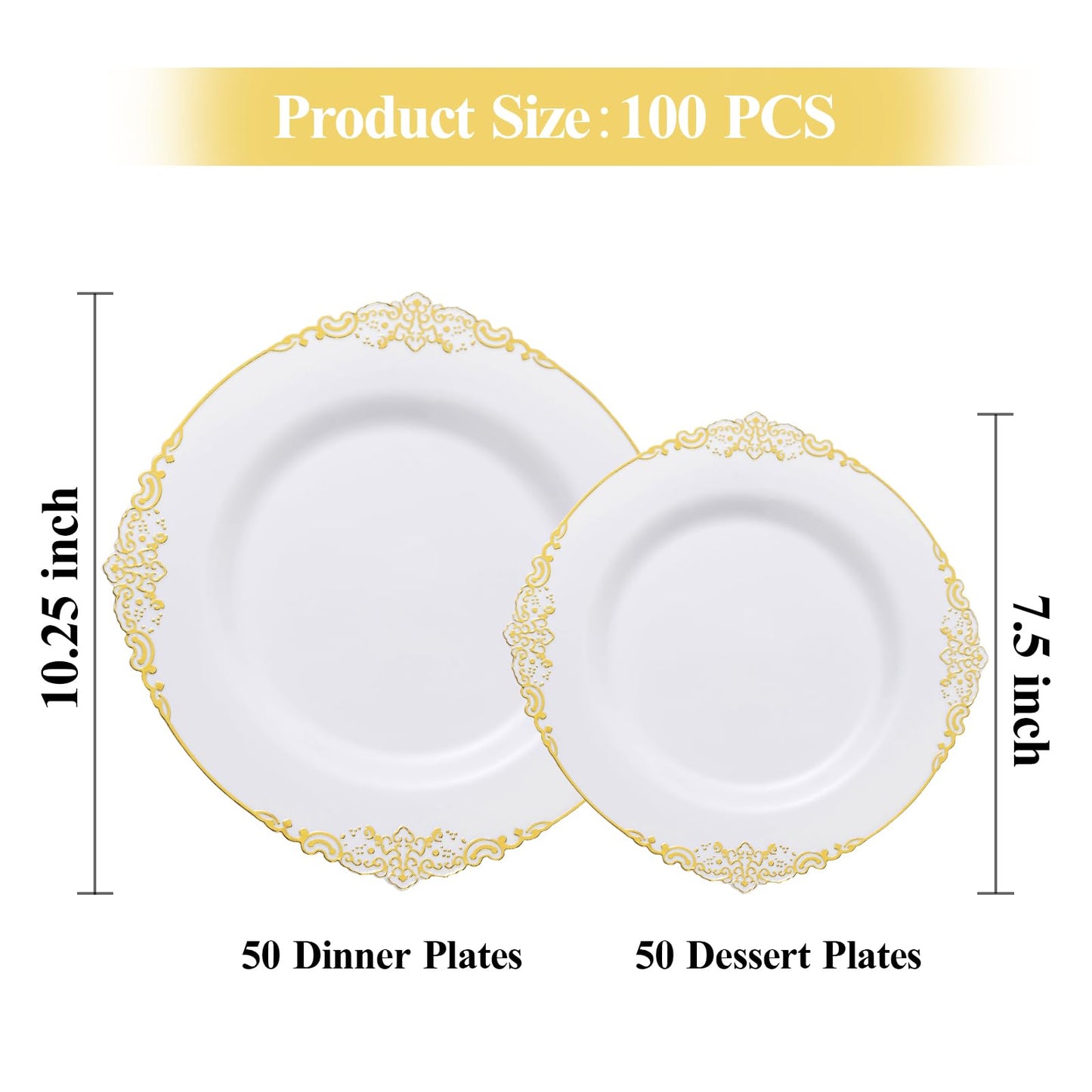 Goodluck 100 PCS White and Gold Plastic Plates for 50 Guests, Gold Disposable Plates Include 50 PCS Dinner Plates, 50 PCS Dessert Plates for Party, Wedding and Graduation
