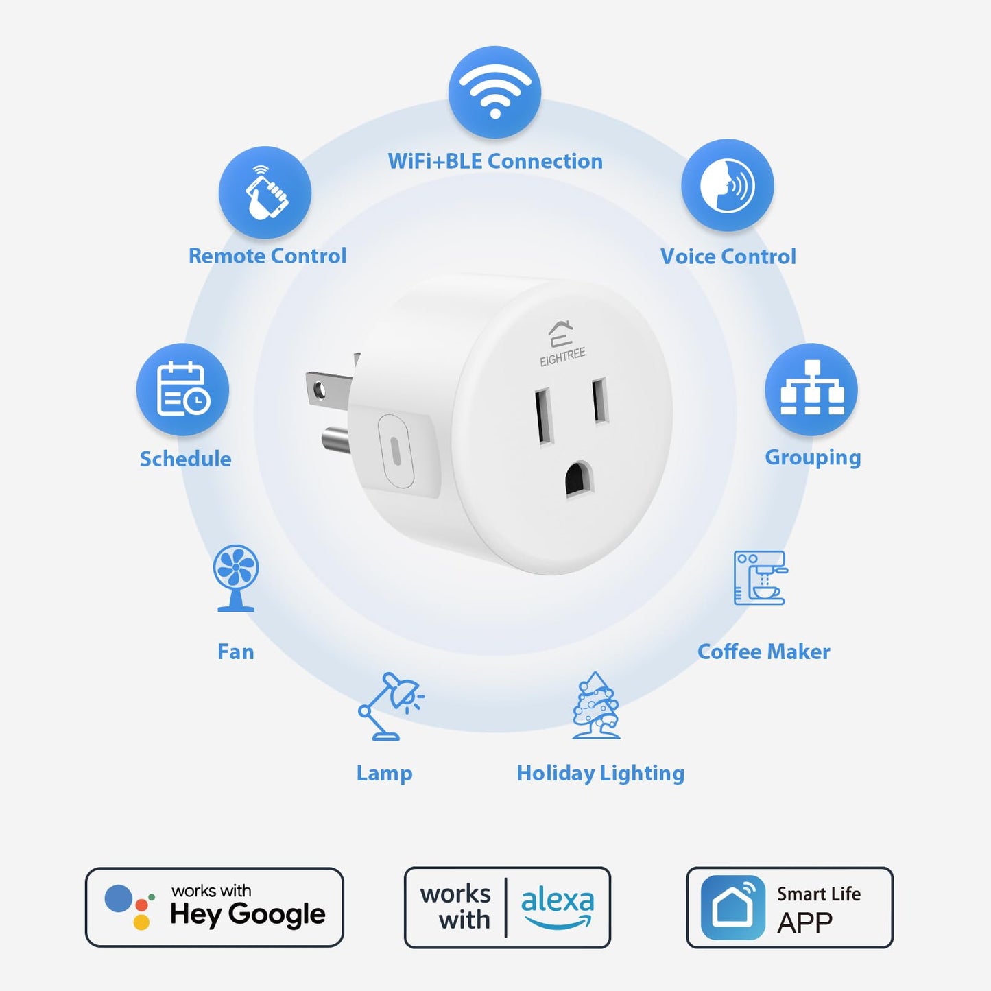 EIGHTREE Smart Plug, Mini Wi-Fi Plug That Works with Alexa & Google Home, Compatible with SmartThings, Smart Socket with Remote Control & Timer Function, 2.4Ghz Wi-Fi Only, No Hub Required