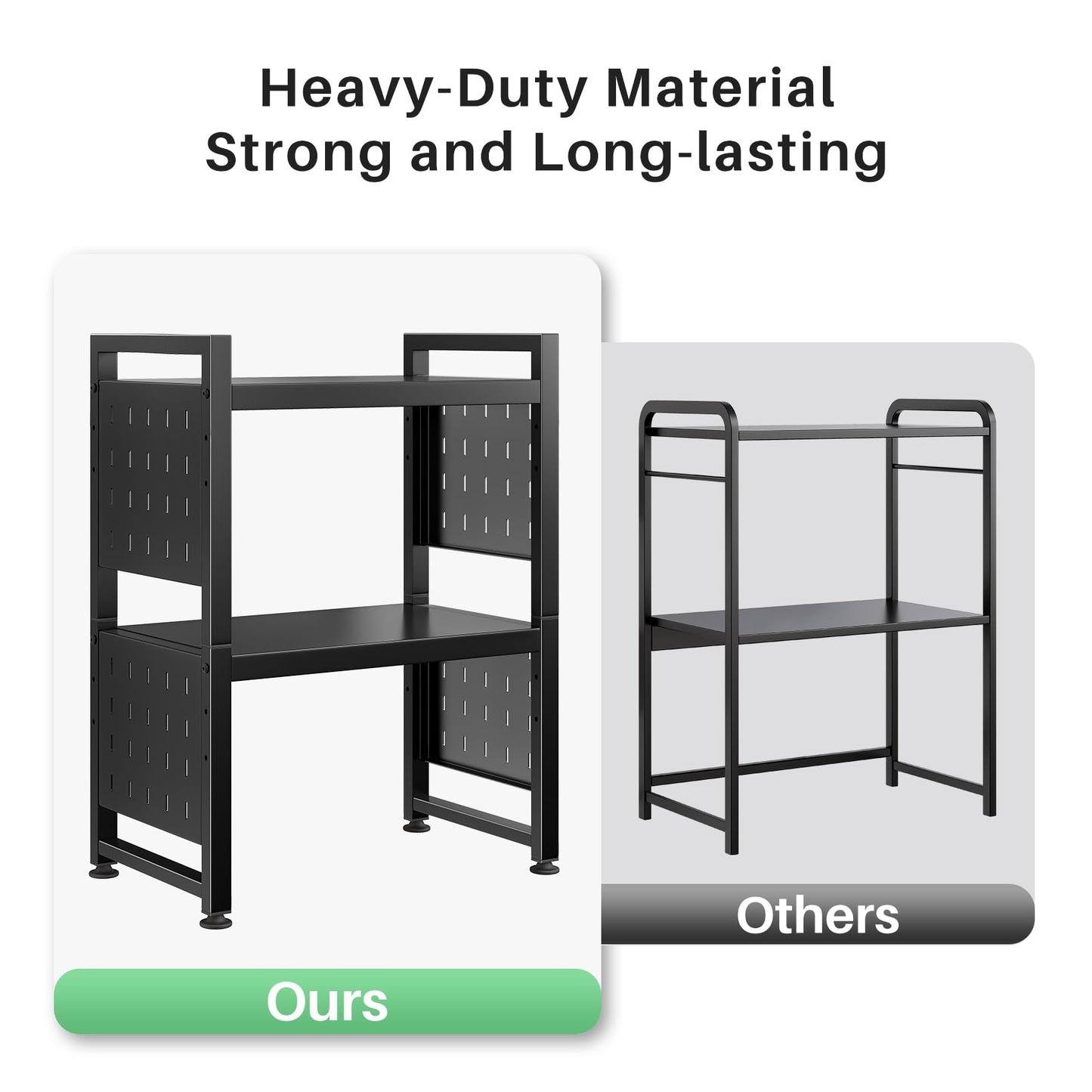 Expandable Microwave Stand,Heavy Duty 3-Tier Adjustable Height Microwave Oven Rack with 9 Hooks, Towel Rack, and Cutting Board Holder, Countertop Kitchen Shelf Organizer, Holds up to 180 lbs, Black