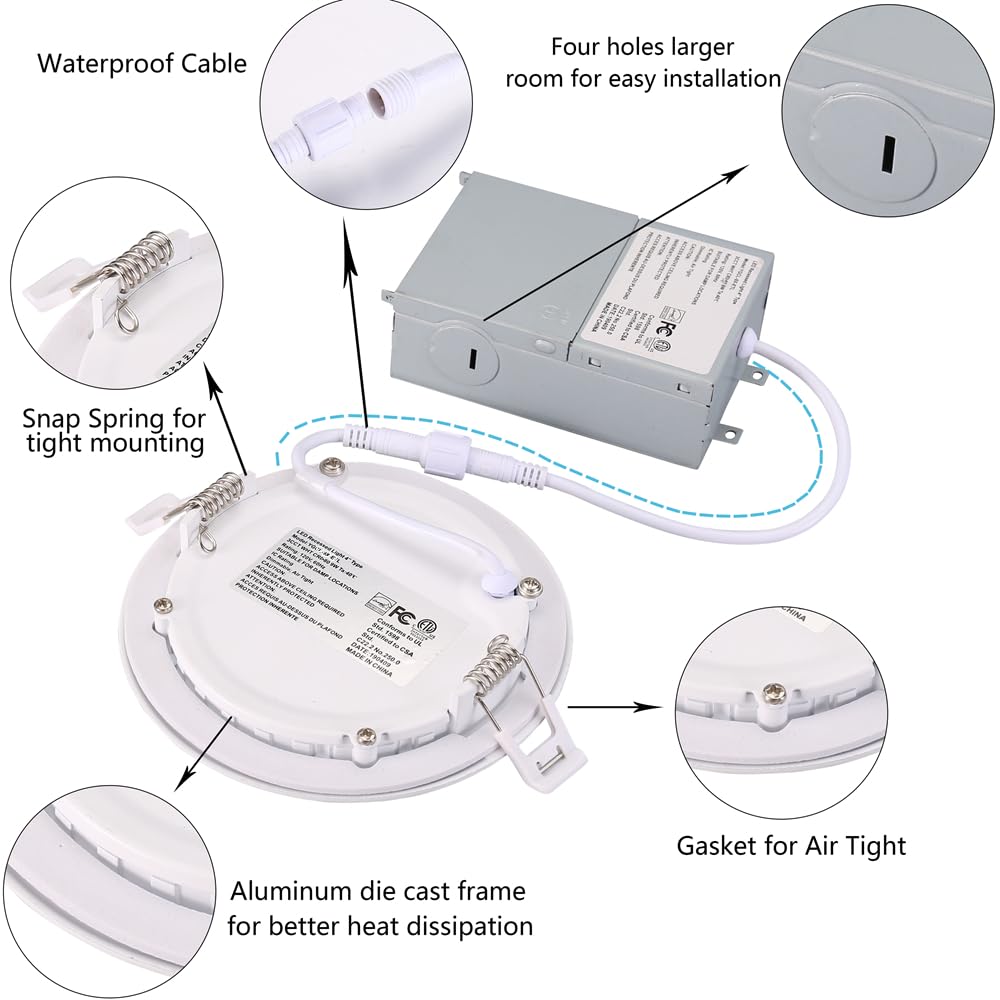 GCN LIGHT 4 Inch Wet Location Dimmable LED Recessed Pot Light 3CCT Ideal for Bathrooms Kitchens Balconies and Under Eaves, 9W 750LM IC Rated LED Slim Panel Downlight with Junction Box, 6 Pack