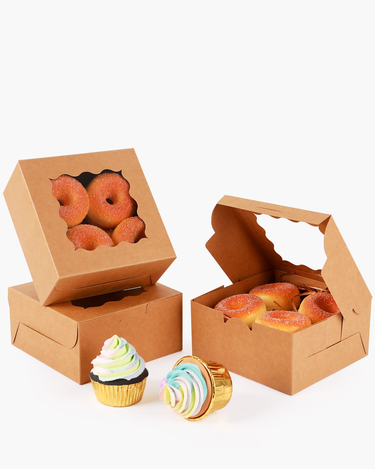 100Packs Bakery Boxes with Window 6x6x3 inches Kraft Cookie Boxes Macaroon Boxes Thick & Sturdy Treat Boxes for Macarons