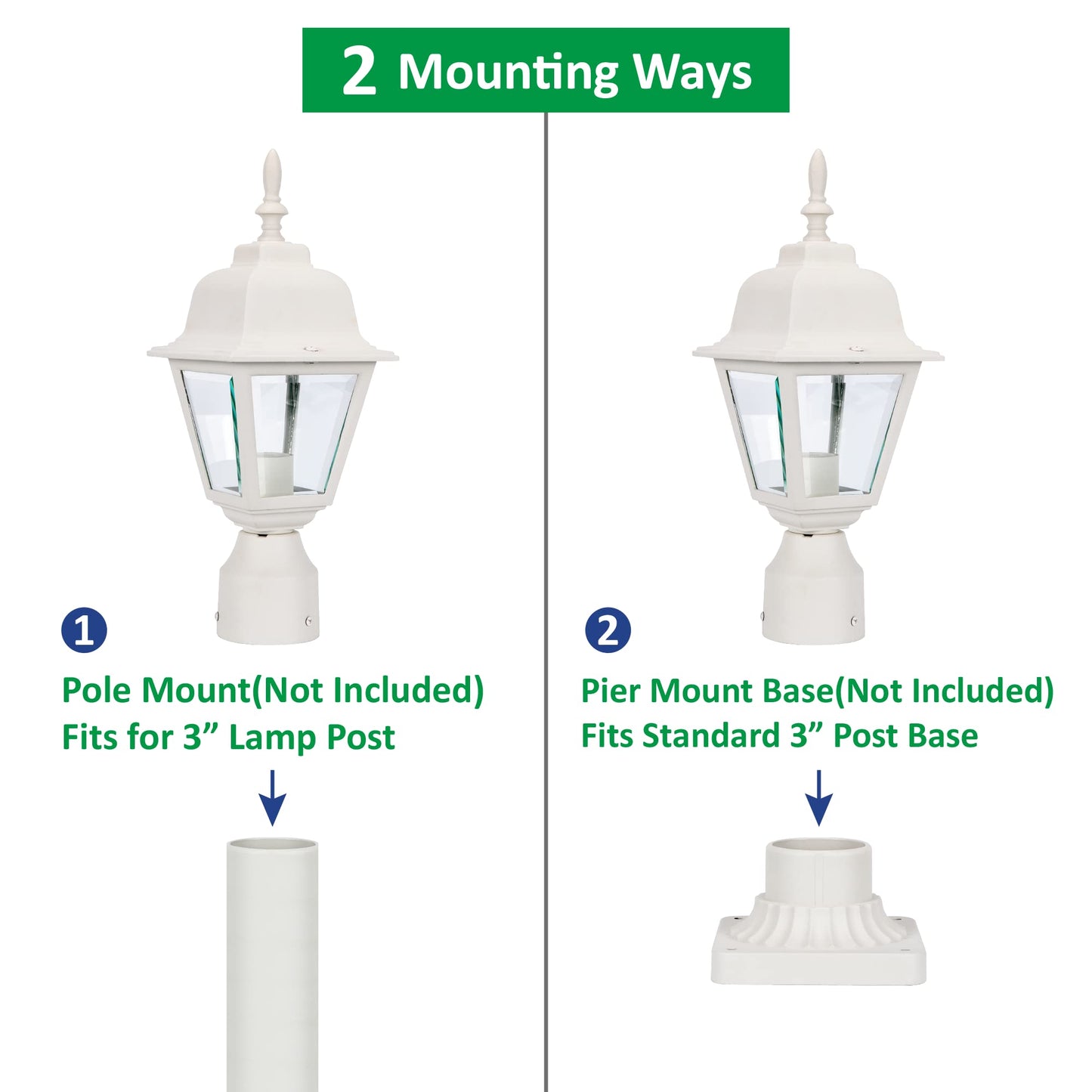 LIT-PaTH Outdoor Post Lighting Fixture Pole Lantern, E26 Medium Base Max 60W, Aluminum Housing Plus Clear Glass, Bulb Not Included, Matte White Finish, 1-Pack