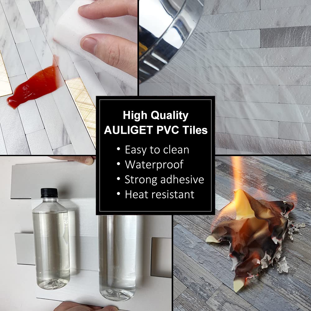 AULIGET 20 Sheets Faux Stone Peel and Stick Backsplash, Light Grey Marble Look PVC Mixed Metal Wall Tiles Stick on Backsplash for Kitchen