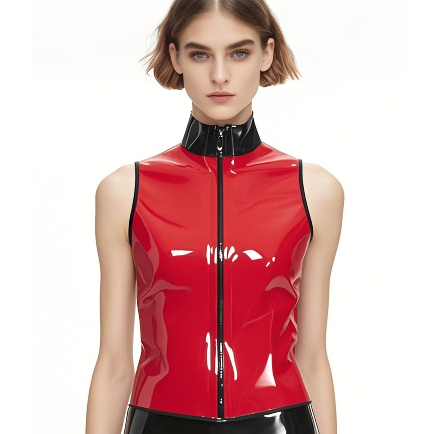 Women's Red Sleeveless Latex T-Shirt with Front Zipper,Shaping Casual Latex Tank Tops,for Novelty Club Wear, Red, XX-Large