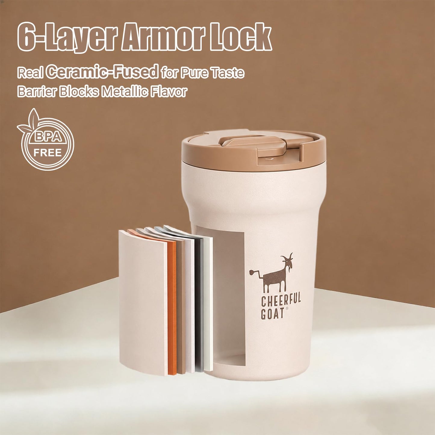 CHEERFUL GOAT Ceramic Lined Coffee Travel Mug – Stainless Steel Travel Coffee Tumbler with Ceramic Liner, with lid, 12oz Coffee Cup for Hot and Cold Water Coffee at Home, Office, or On the Go (Coffee)