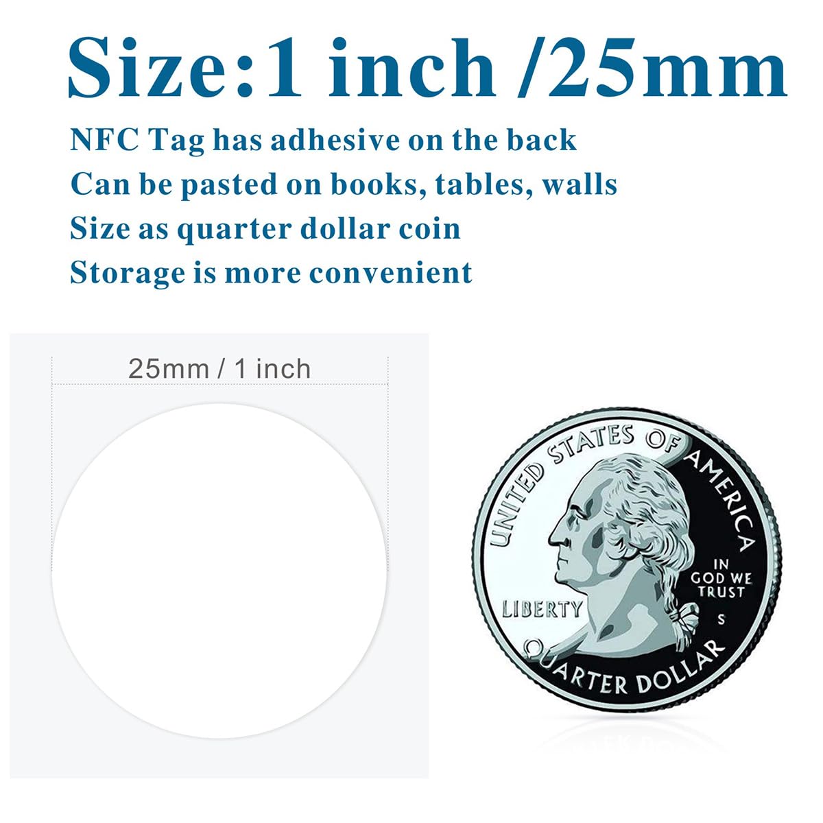 100pcs NFC Sticker 1k RFID Tag Mifare Classic 13.56MHz, Rewritable ISO14443A 25mm Adhesive Smart NFC Tags