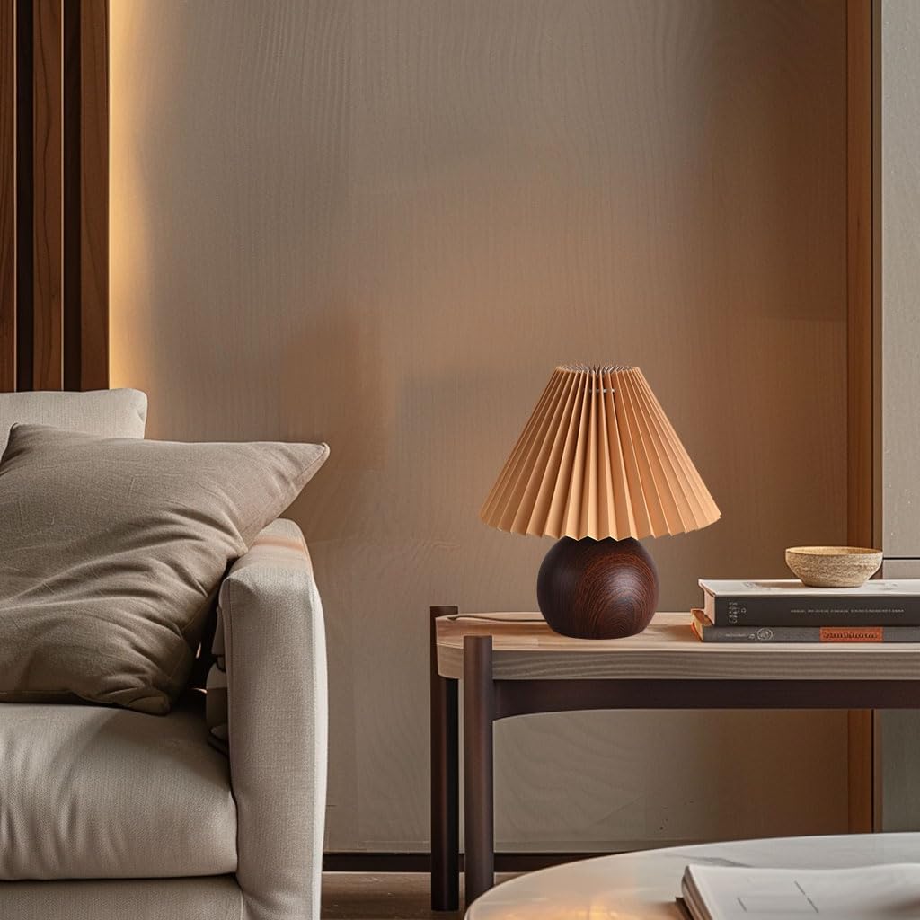 KUNJOULAM Small Pleated Table Lamp, Modern Bedside Nightstand Lamp with Coffee Lampshade, Metal Base Cute Lamp for Bedroom Living Room Home Office Decor E12 Bulb
