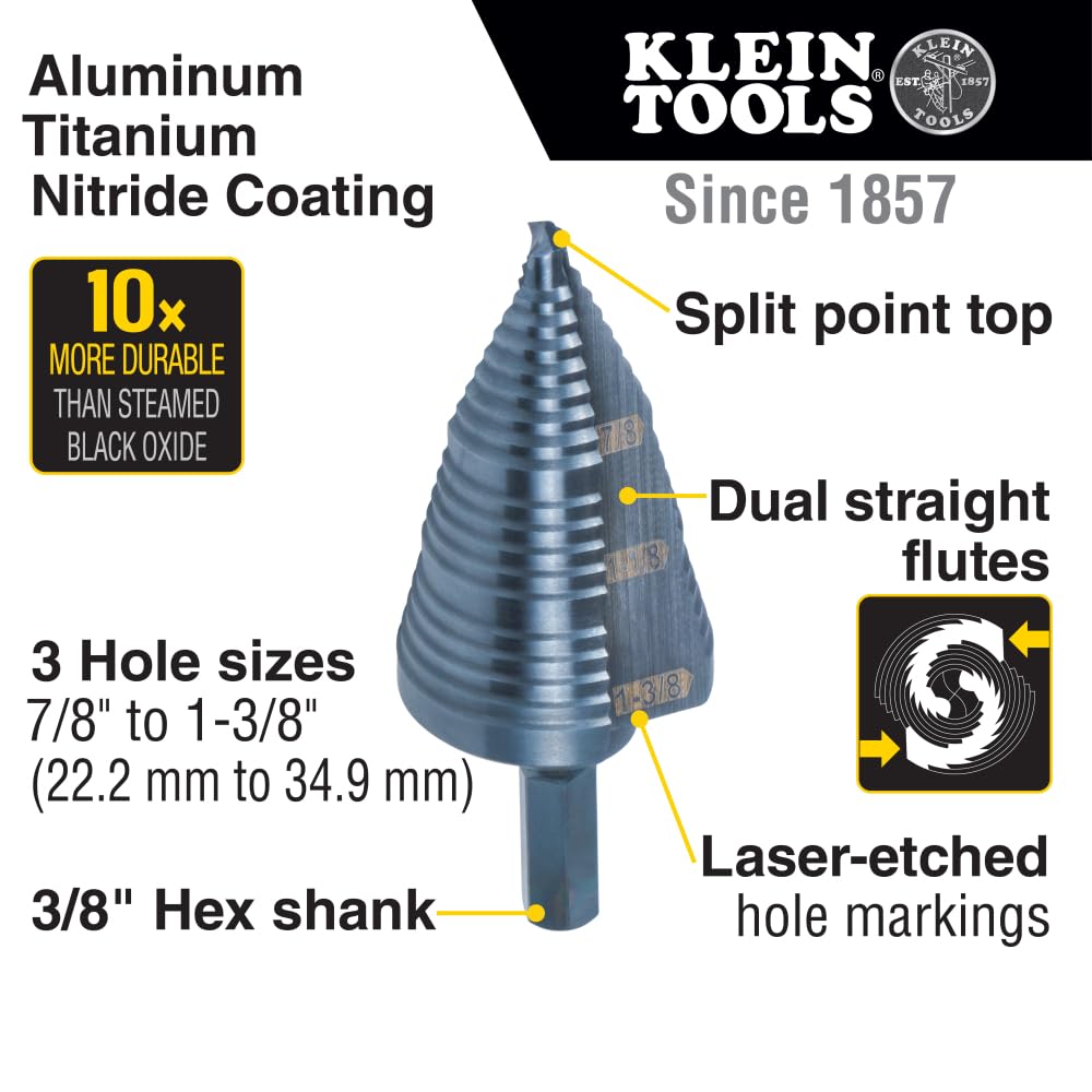 Klein Tools KTSB15 Step Drill Bit #15 Double Fluted 7/8 to 1-3/8-Inch with Easy-to-Read Step Markings and Targets, 3/8-Inch Hex Shank