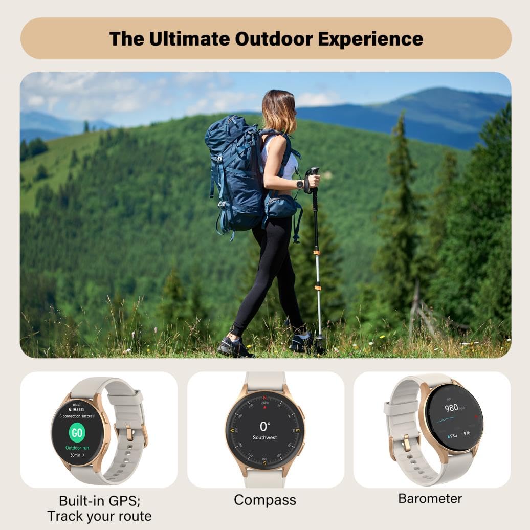 QIPOPC Smart Watch for Women Men, Built-in Alexa, GPS, HRV, VO2 Max, Blood Oxygen, Sleep & Stress Monitor, Compass, Altimeter, 1.32" AMOLED, Fitness & Women’s Health, iOS Compatible (Gold, 43mm case)