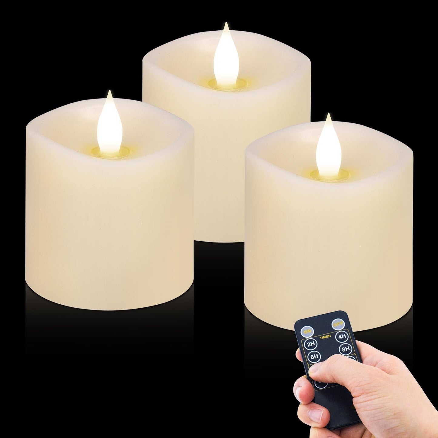 3x3 Flickering Flameless Candles Set of 3, Real Wax Pillar LED Candles with Battery Candles Flickering,with Timer, 3 inch Flameless Candles with Remote,battery powered candles, for Party/Wedding,Ivory