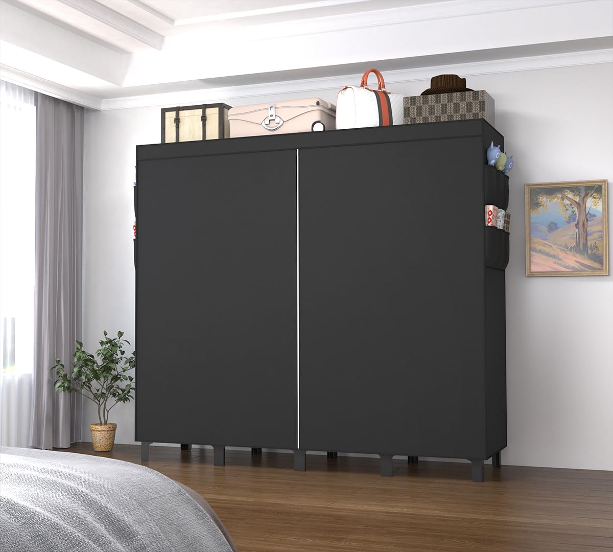 Portable Wardrobe, Large Capacity Closet Storage with Cloth Cover, Dustproof, Waterproof, Side Pockets, Simple Wardrobe Organizer, 51.2 inches, Depth 17.8 inches (Black, Extra Large)