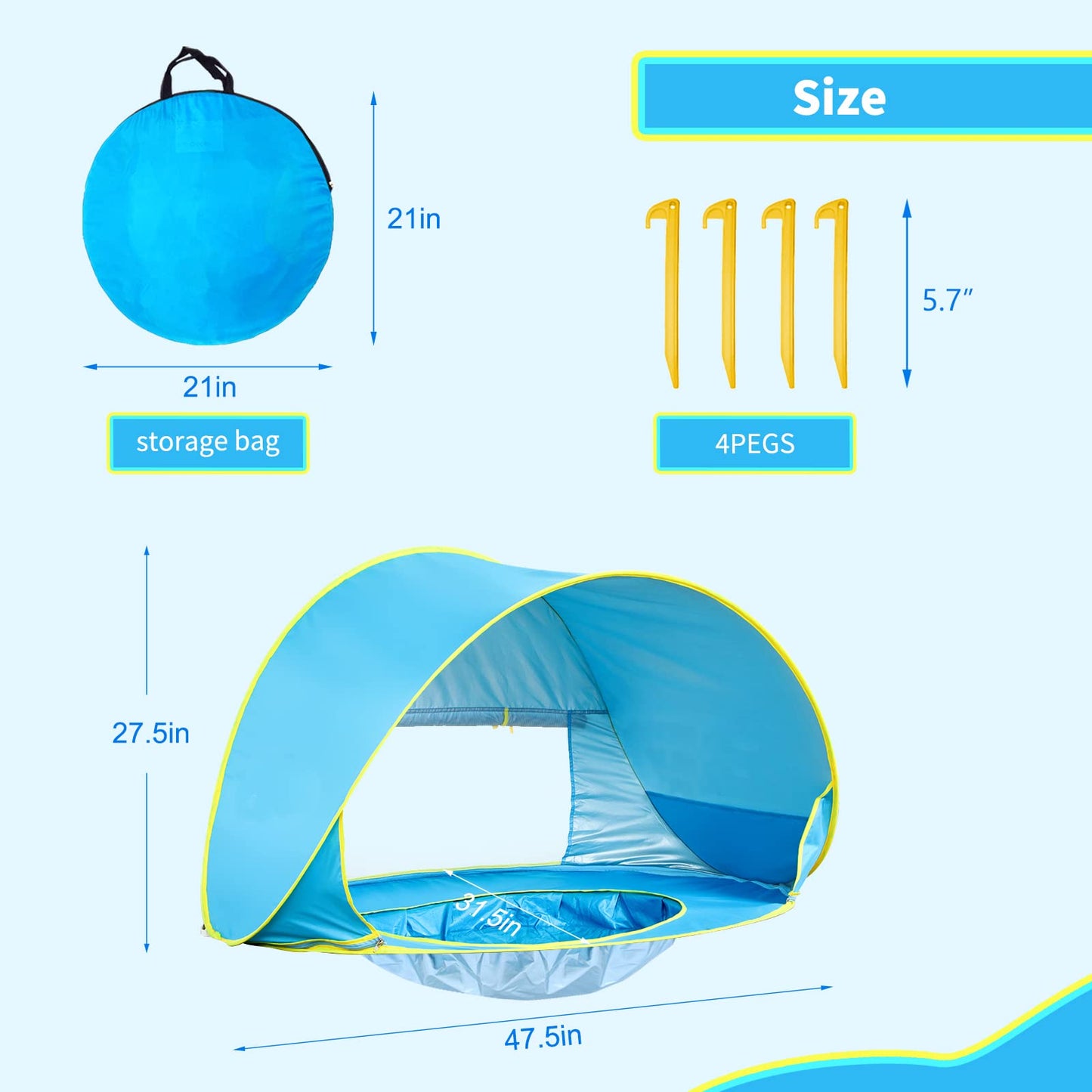 Baby Beach Tent Pop Up Shade with Infant Pool Cabana UV Protection Waterproof Sun Shelter Umbrella for Baby (Blue)