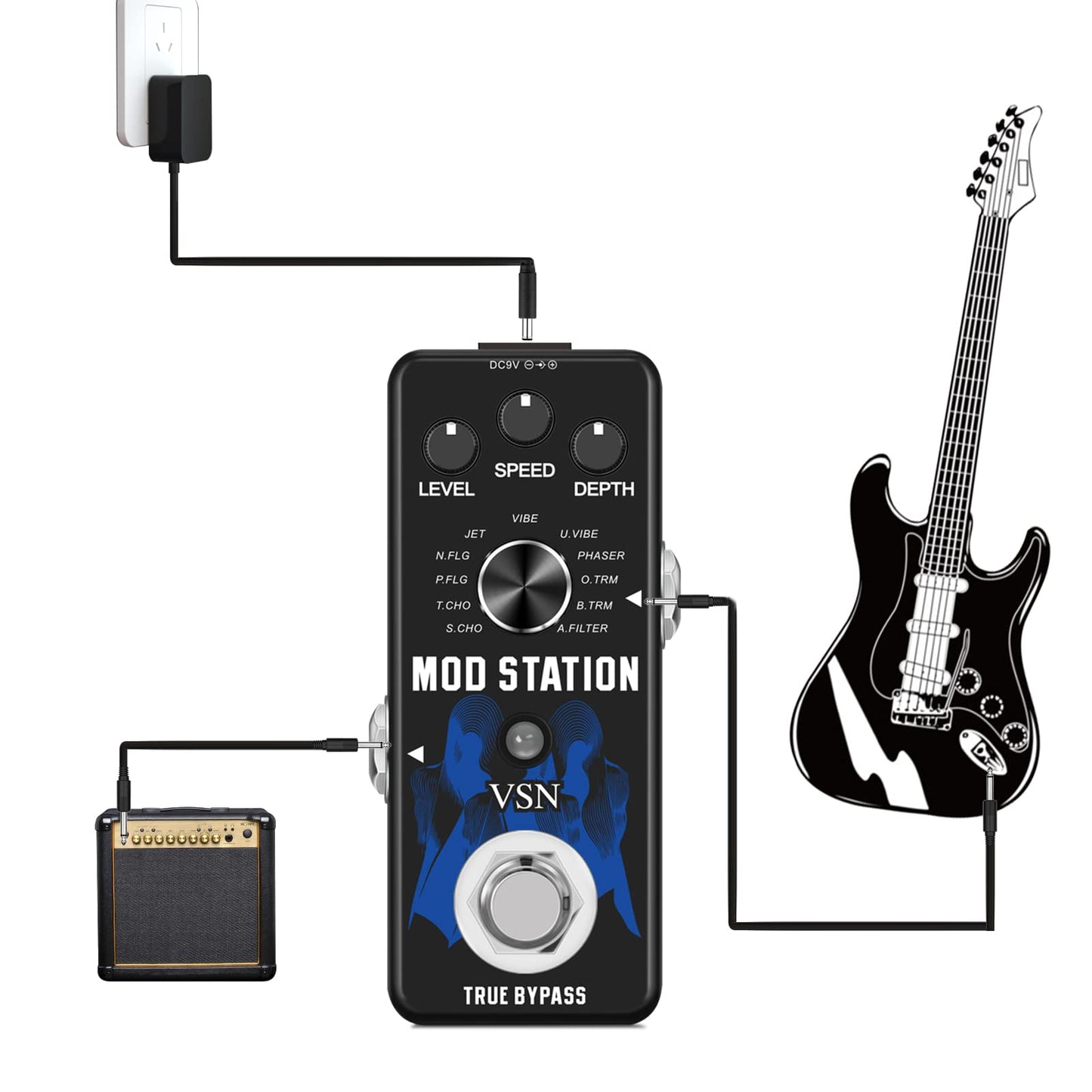 VSN Modulation Pedal for Electric Guitar Pedal Boards, 11 Effects Chorus Phaser Flanger Tremolo Vibroat Filter,11 Modulation Modes, True Bypass